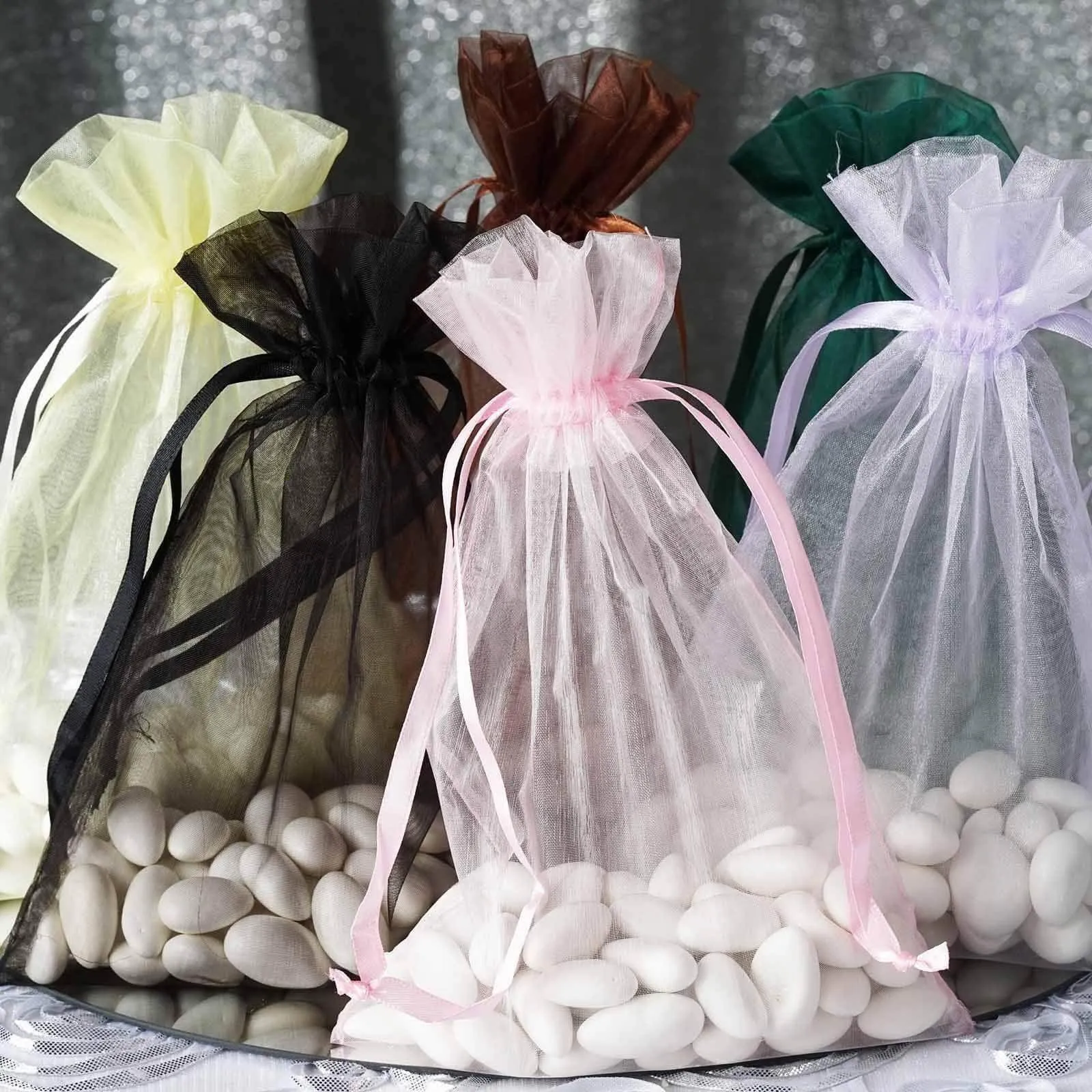 10 Pack 6"x9" Black Organza Drawstring Wedding Party Favor Gift Bags
