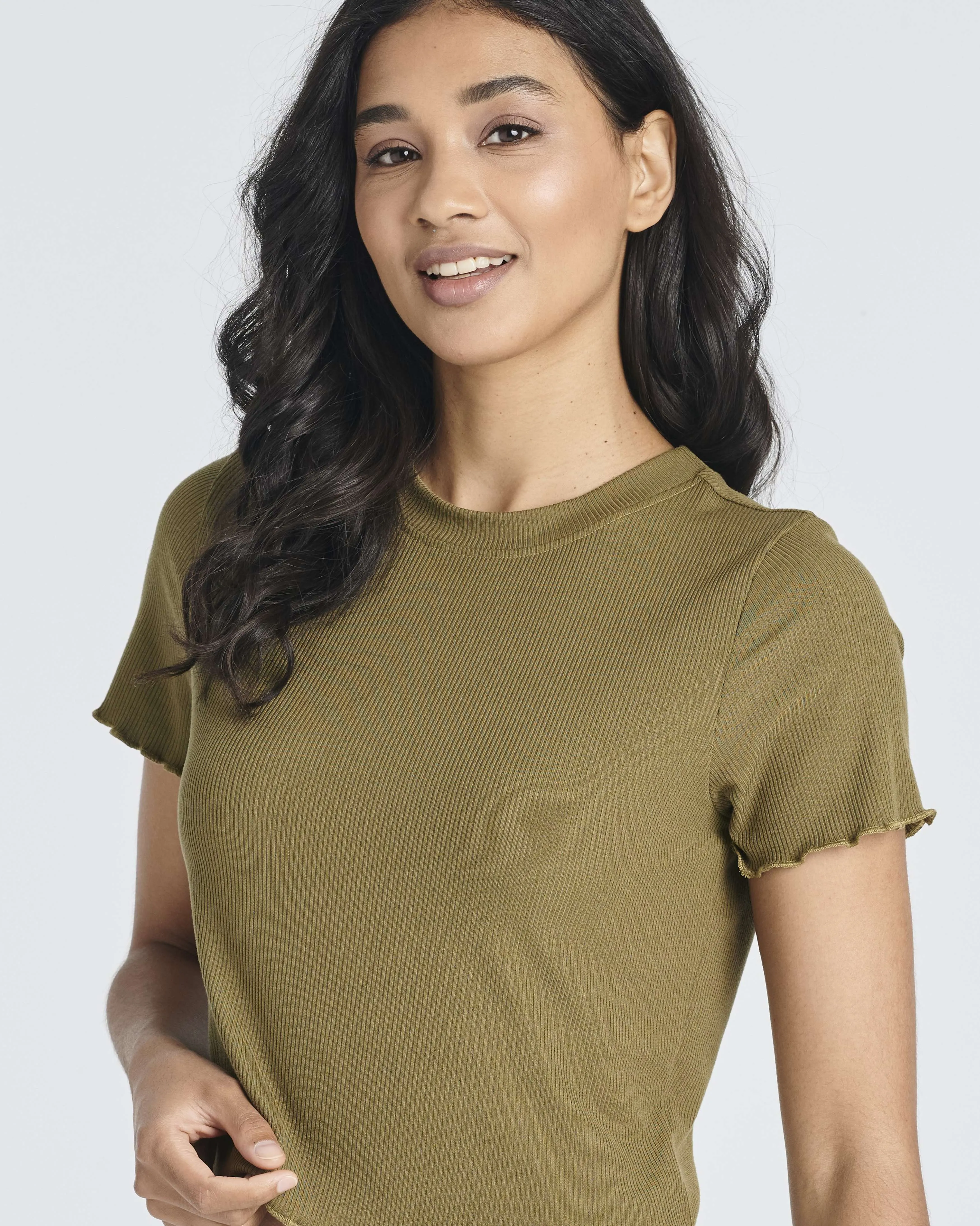 4 Pack: Women's Lettuce Trim Ribbed Knit Short Sleeve Crop Tops