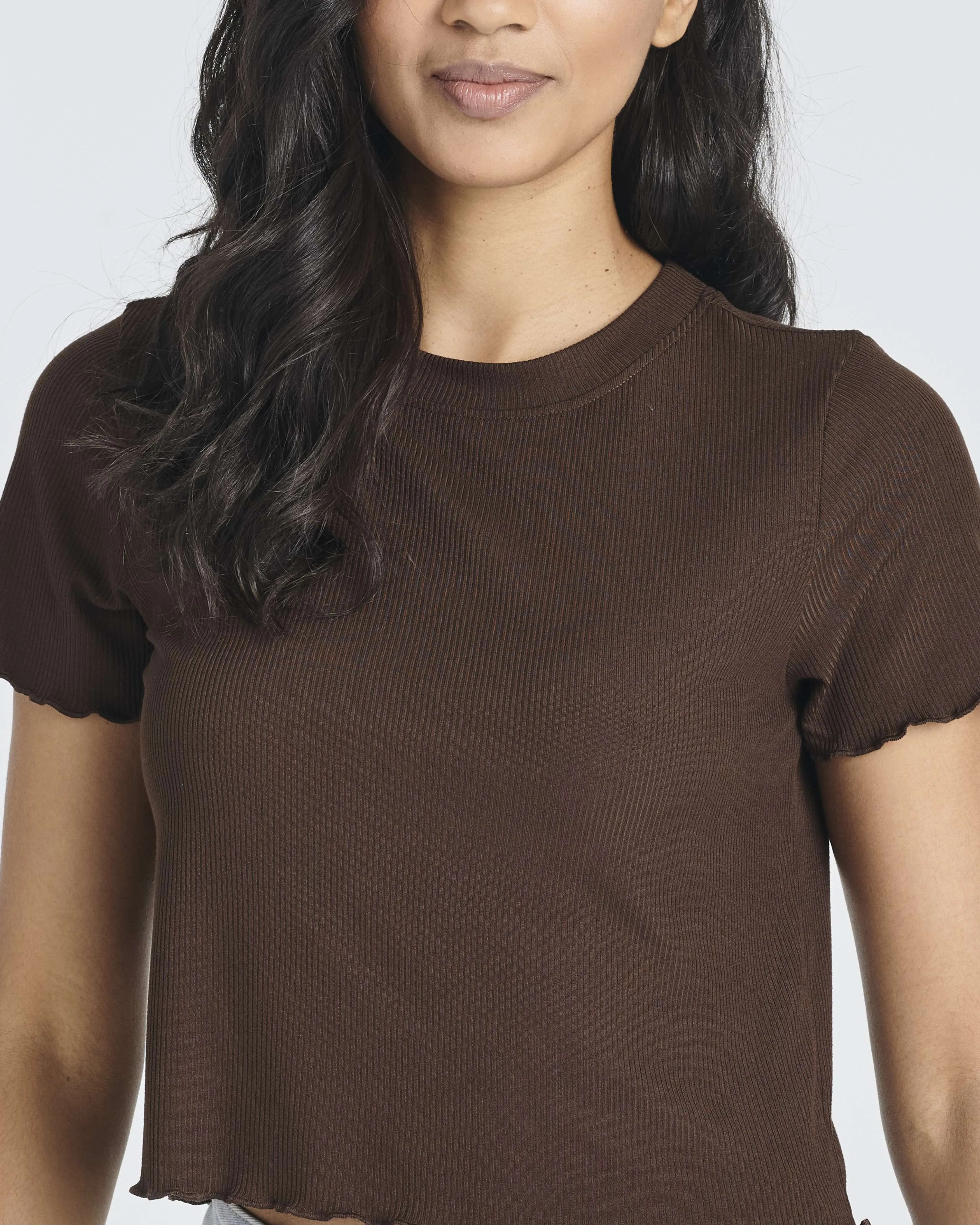 4 Pack: Women's Lettuce Trim Ribbed Knit Short Sleeve Crop Tops