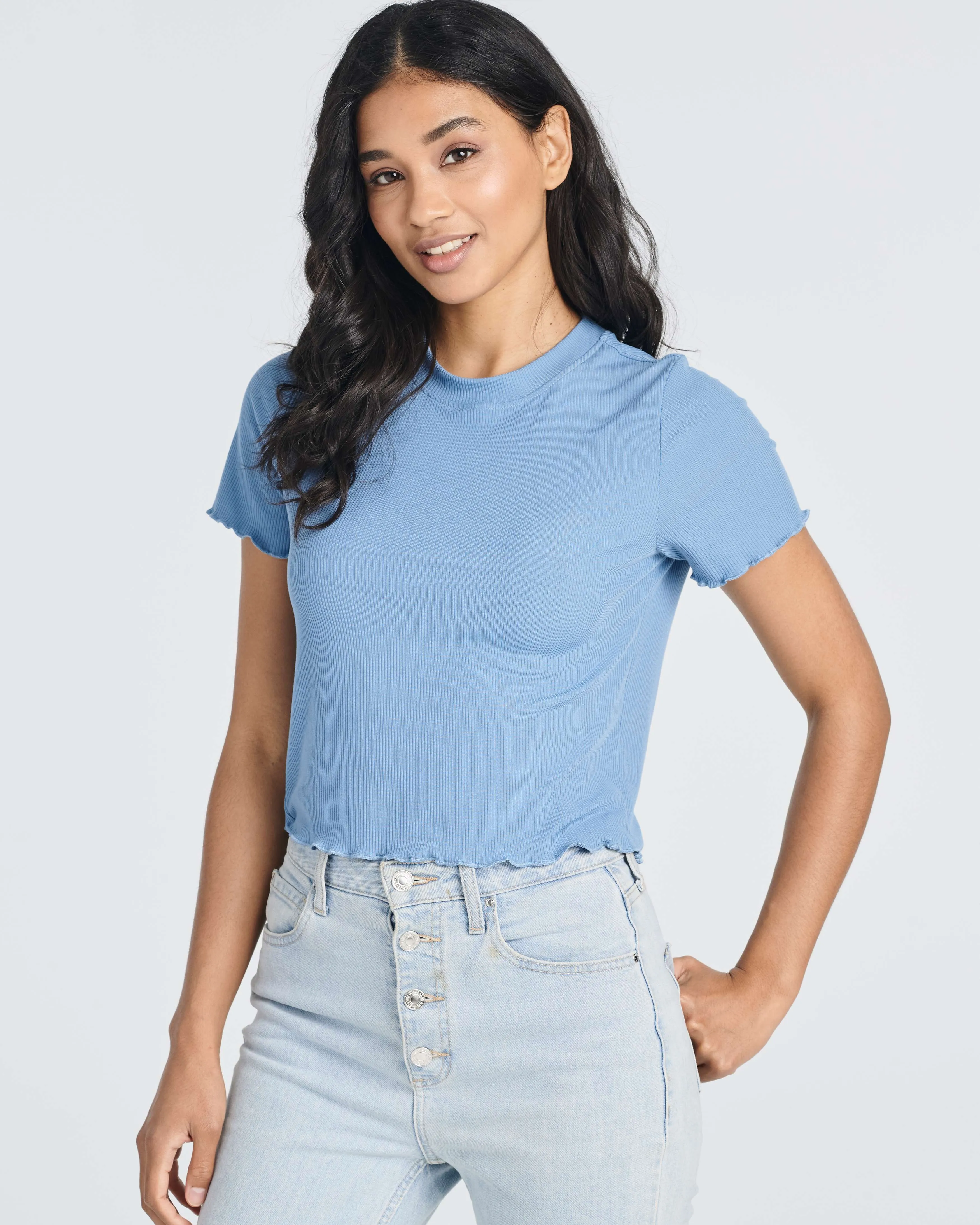 4 Pack: Women's Lettuce Trim Ribbed Knit Short Sleeve Crop Tops