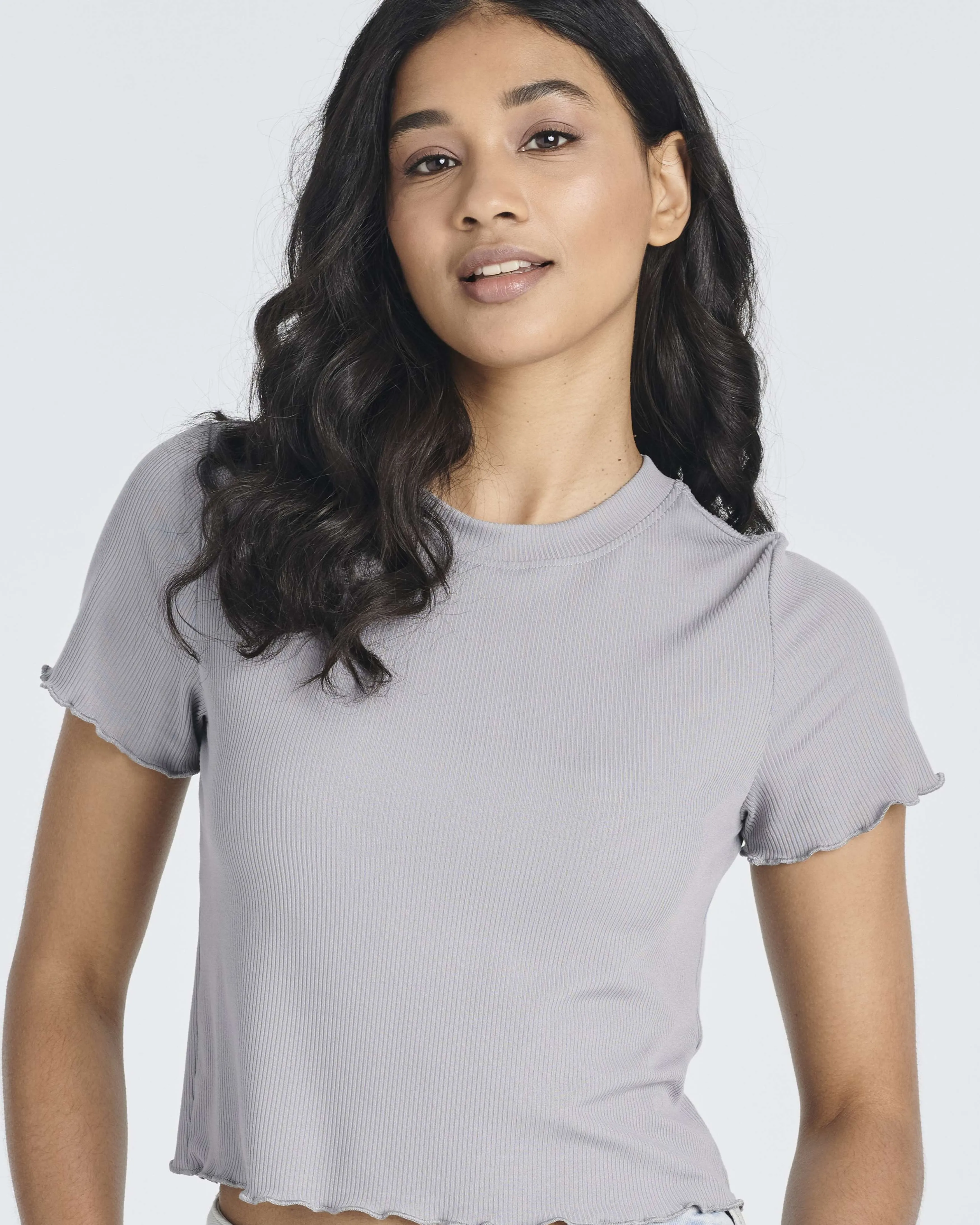 4 Pack: Women's Lettuce Trim Ribbed Knit Short Sleeve Crop Tops