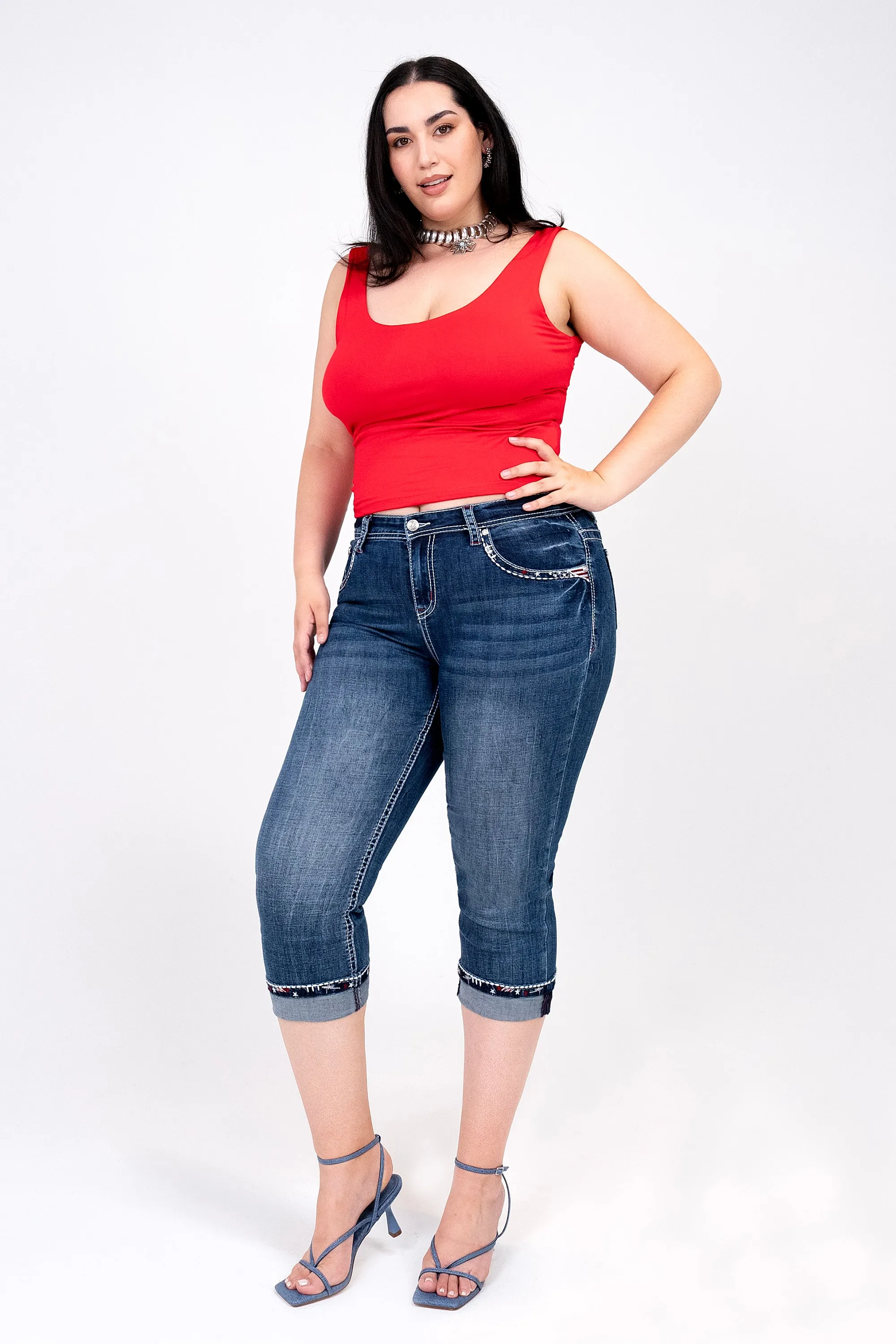 Americana Cross Embellished Women's Plus Size Capri Jeans