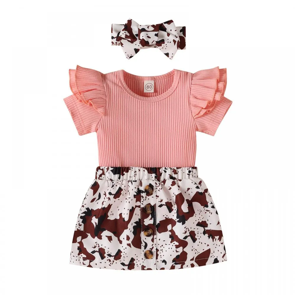 Baby and Toddler Girls 3pcs Set Summer Ruffle Sleeve Top and Cow Printed Leopard Skirt and Headband Wholesale Girls Clothing