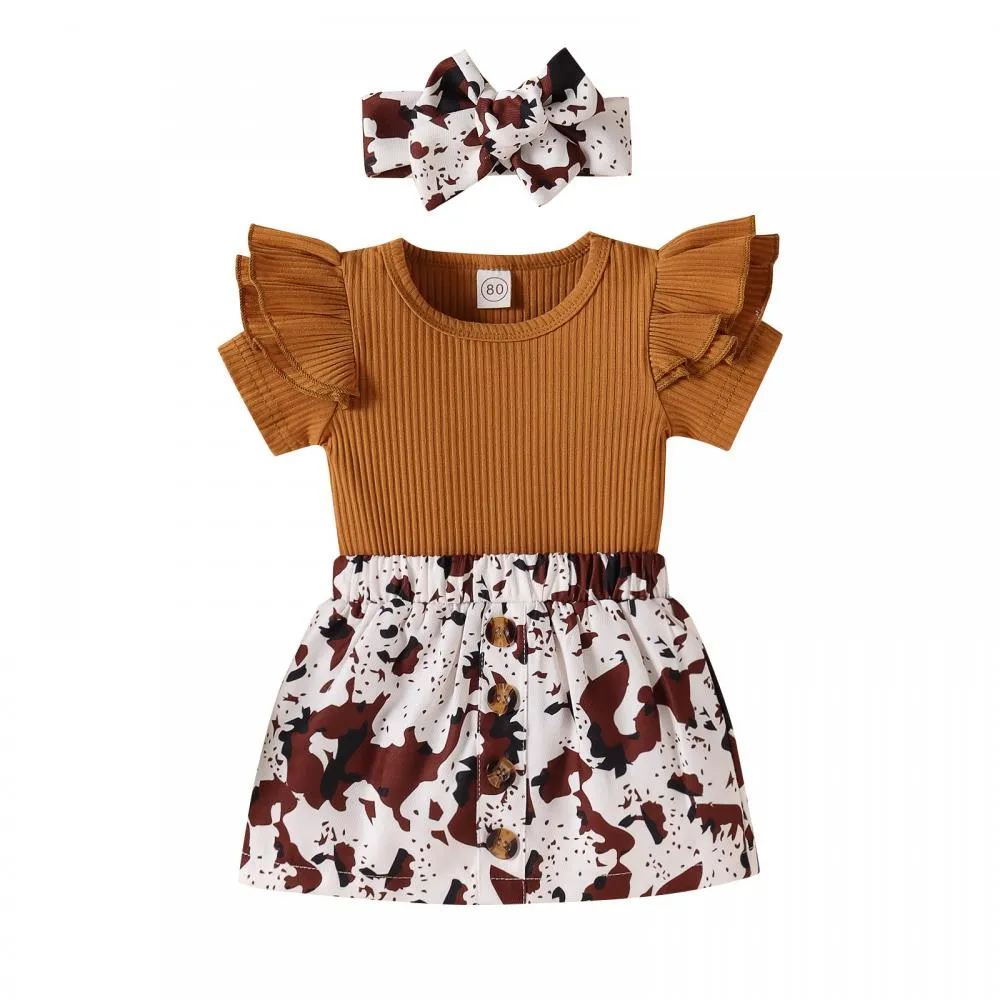 Baby and Toddler Girls 3pcs Set Summer Ruffle Sleeve Top and Cow Printed Leopard Skirt and Headband Wholesale Girls Clothing