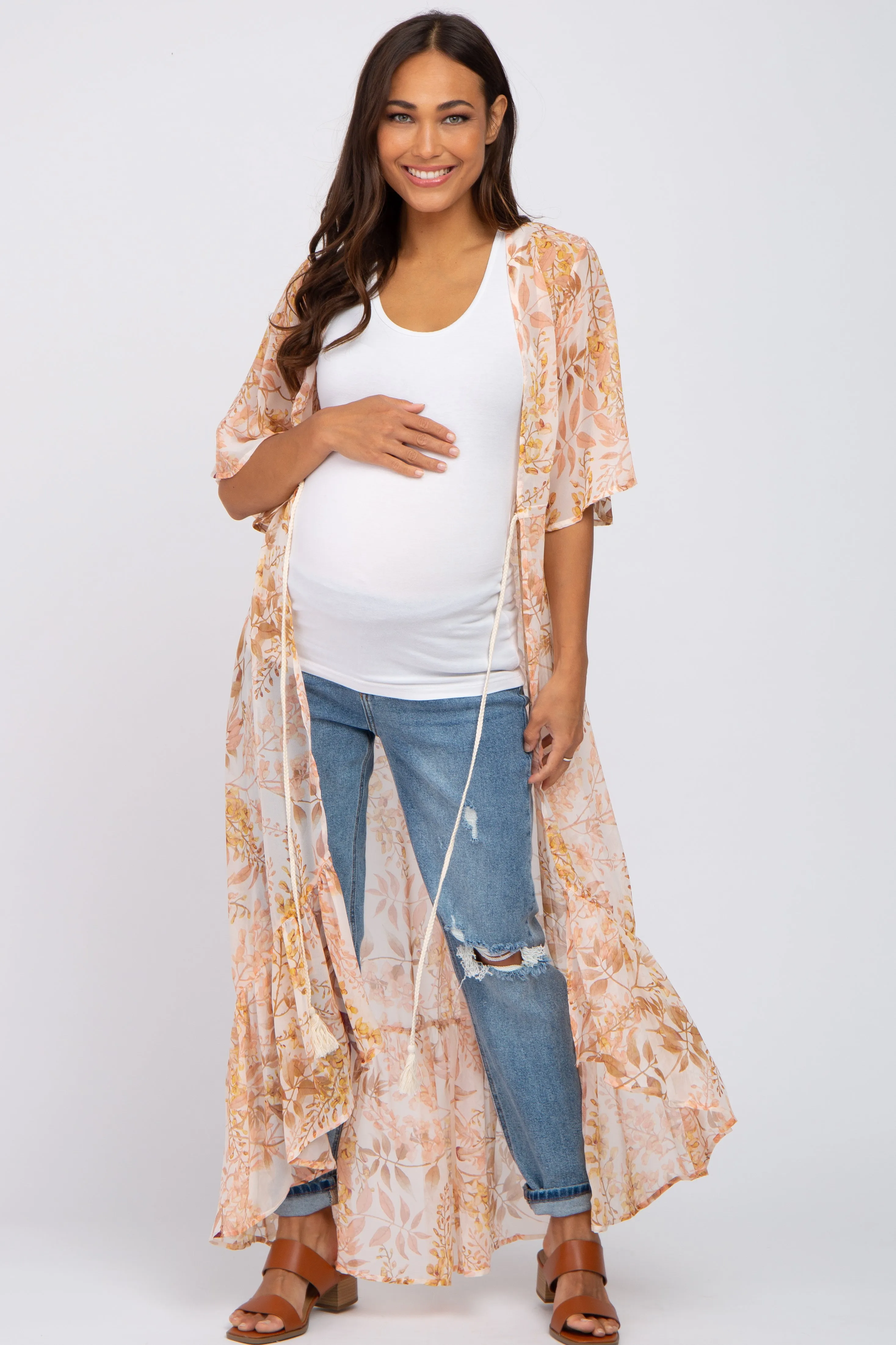Beige Floral Chiffon Front Tie Ruffle Hi-Low Maternity Cover Up