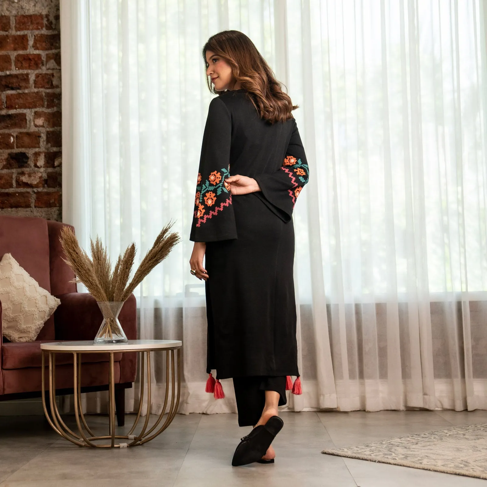 Black Acrylic Floral Kurta with Flared Sleeves
