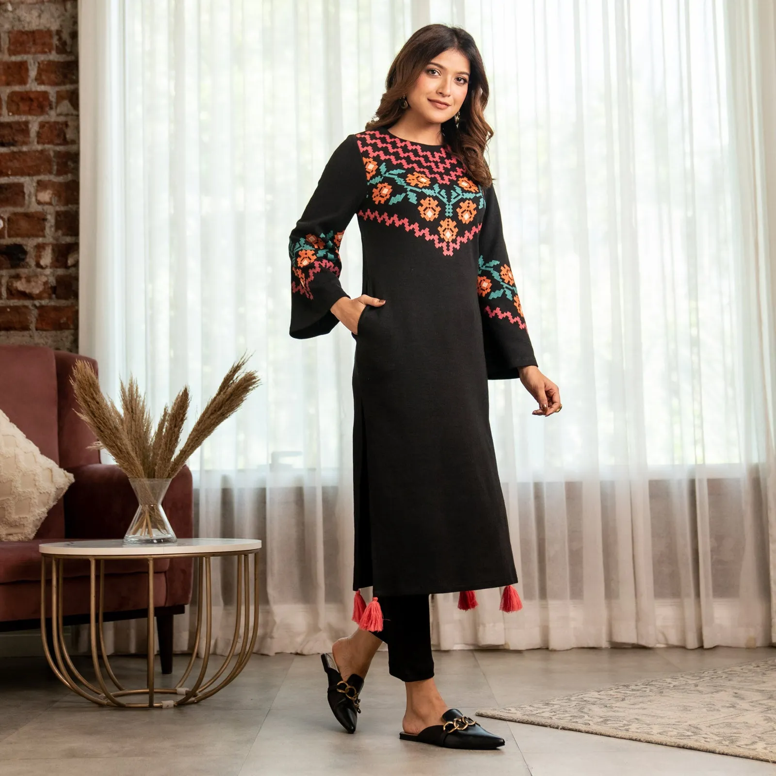 Black Acrylic Floral Kurta with Flared Sleeves