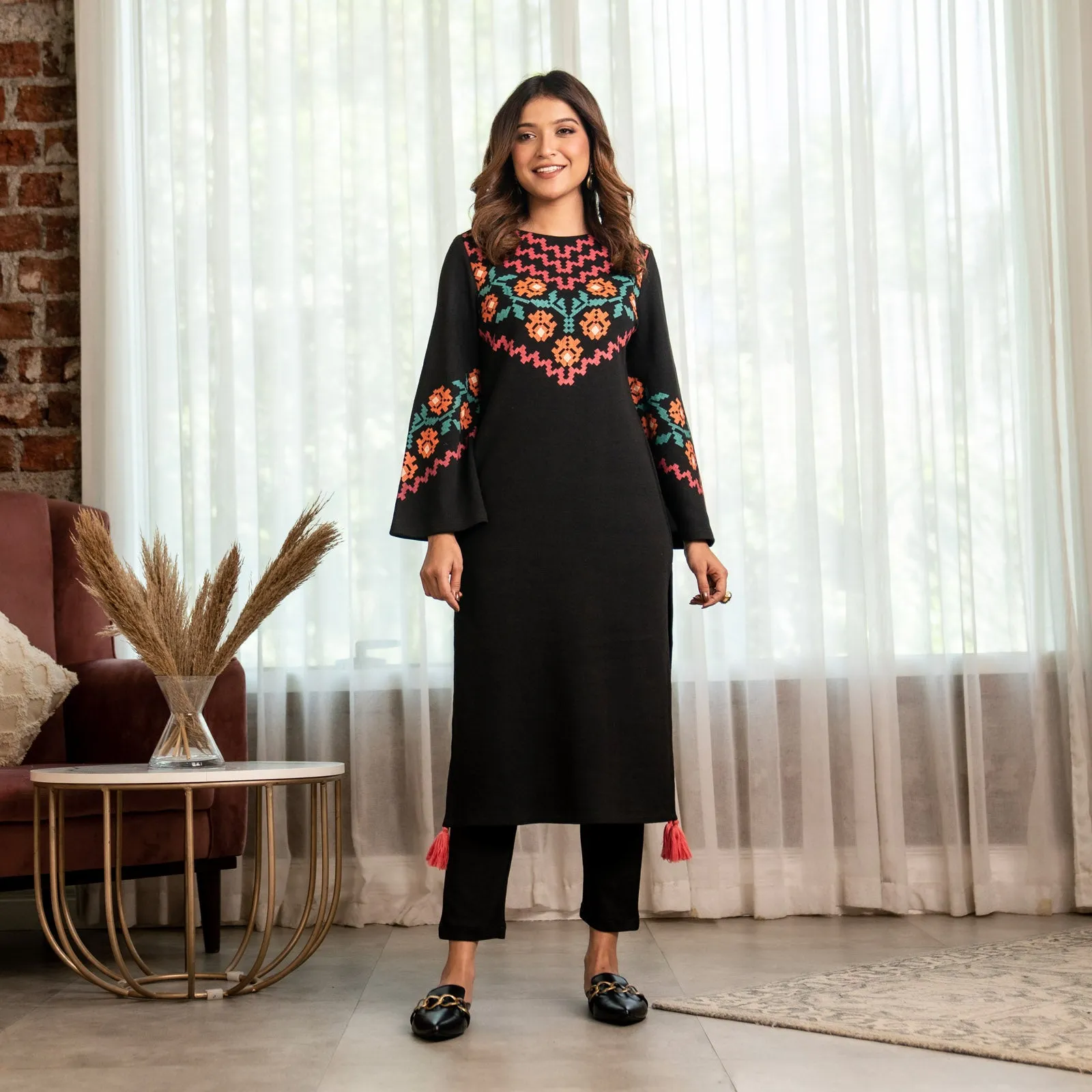 Black Acrylic Floral Kurta with Flared Sleeves