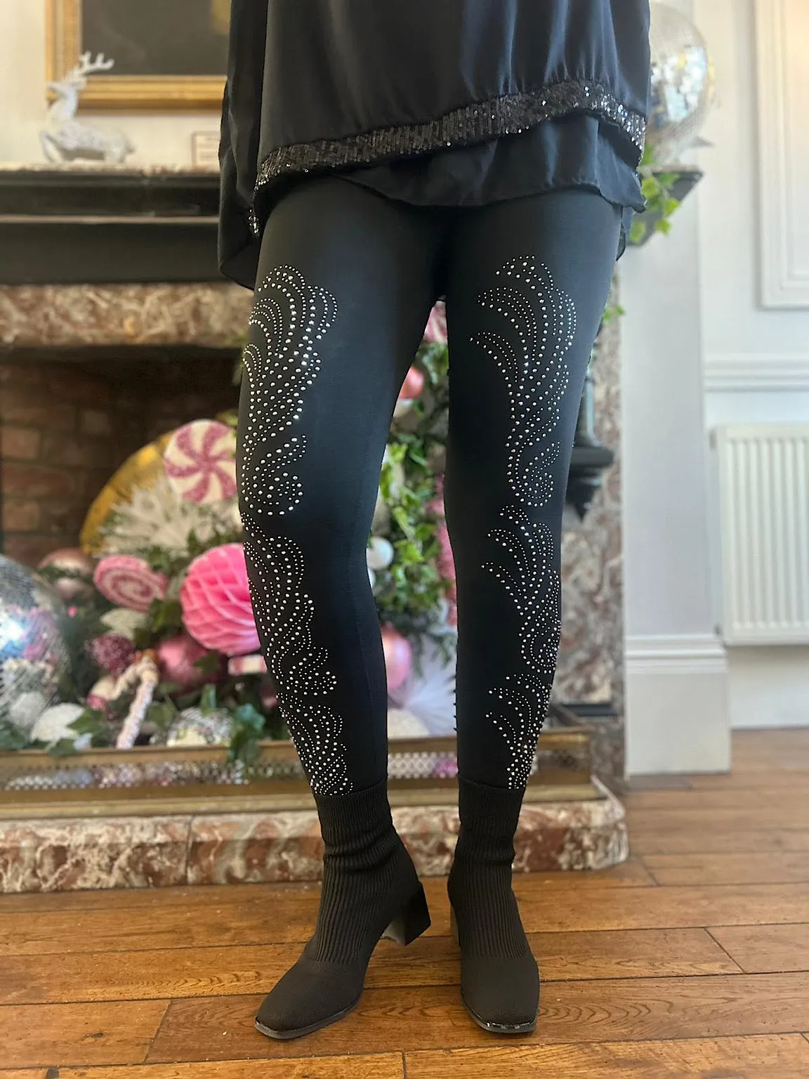 Black Fleece Lined Diamante Patterned Leggings