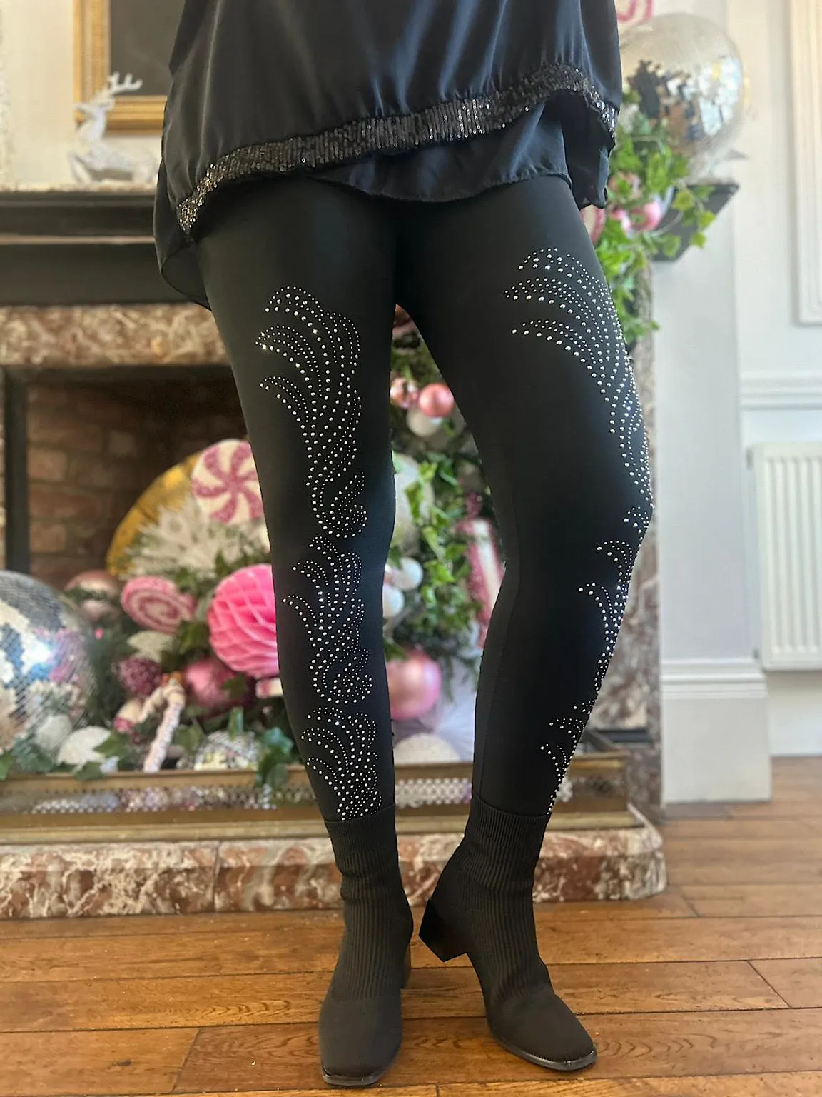 Black Fleece Lined Diamante Patterned Leggings