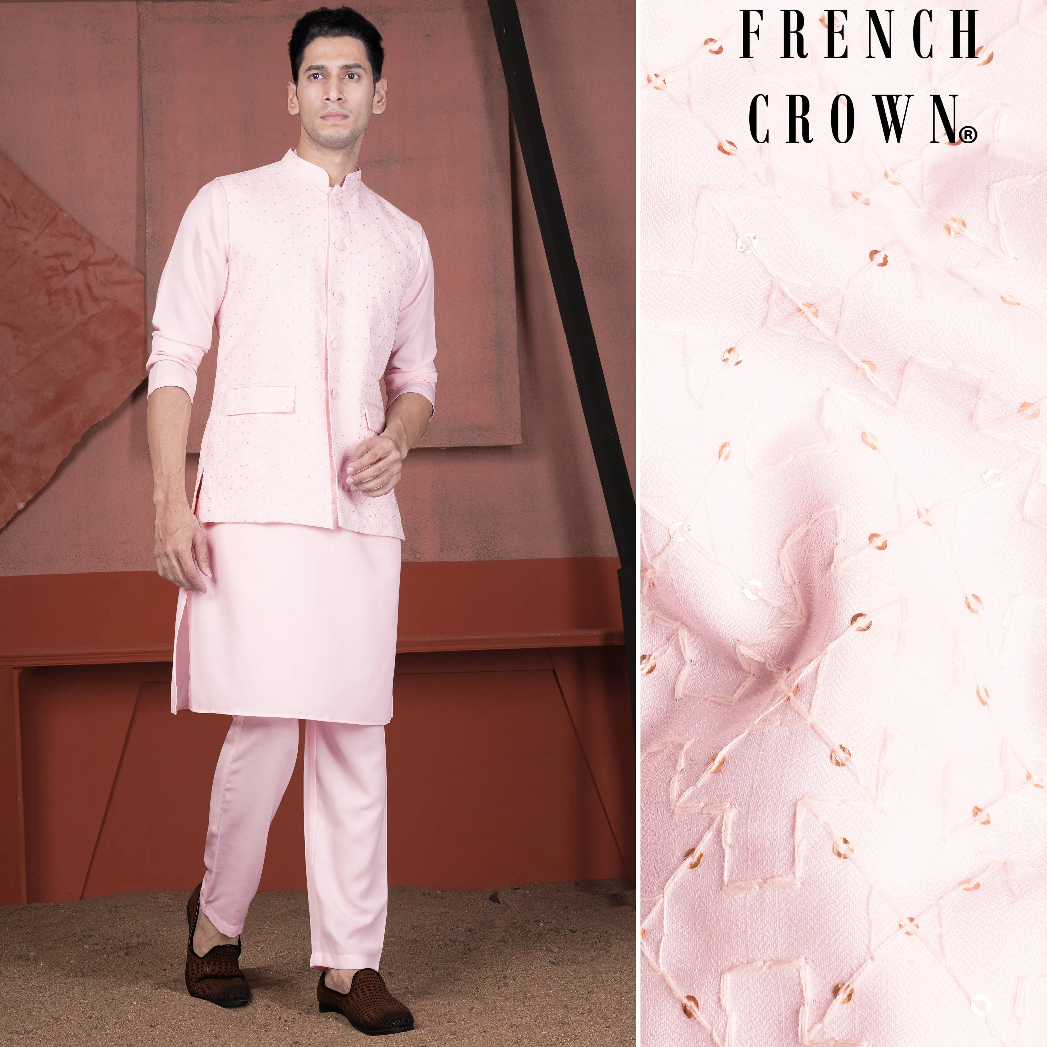 Blush Pink Viscose Embroidered With Tikki Work Designer Kurta With Nehru Jacket