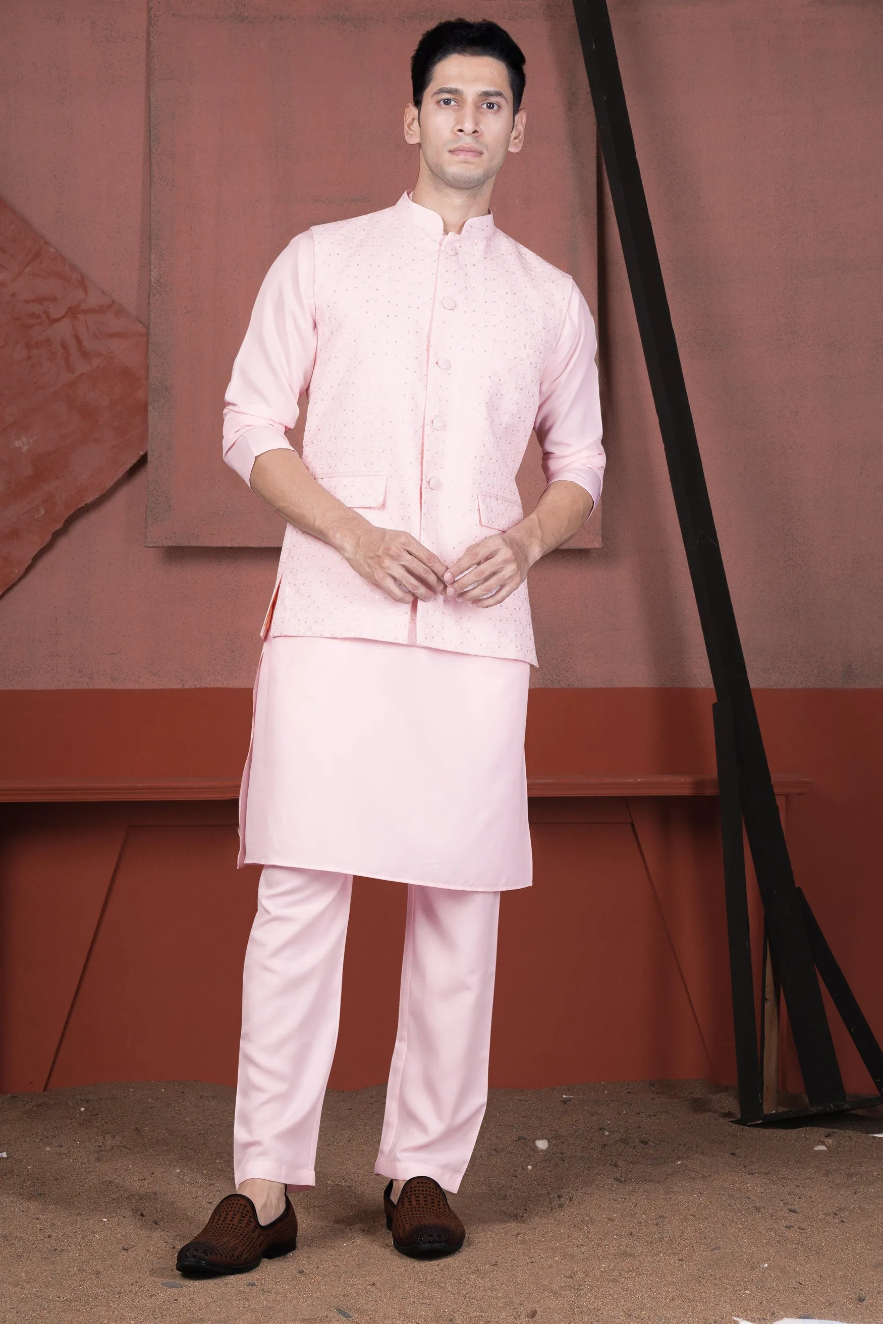 Blush Pink Viscose Embroidered With Tikki Work Designer Kurta With Nehru Jacket