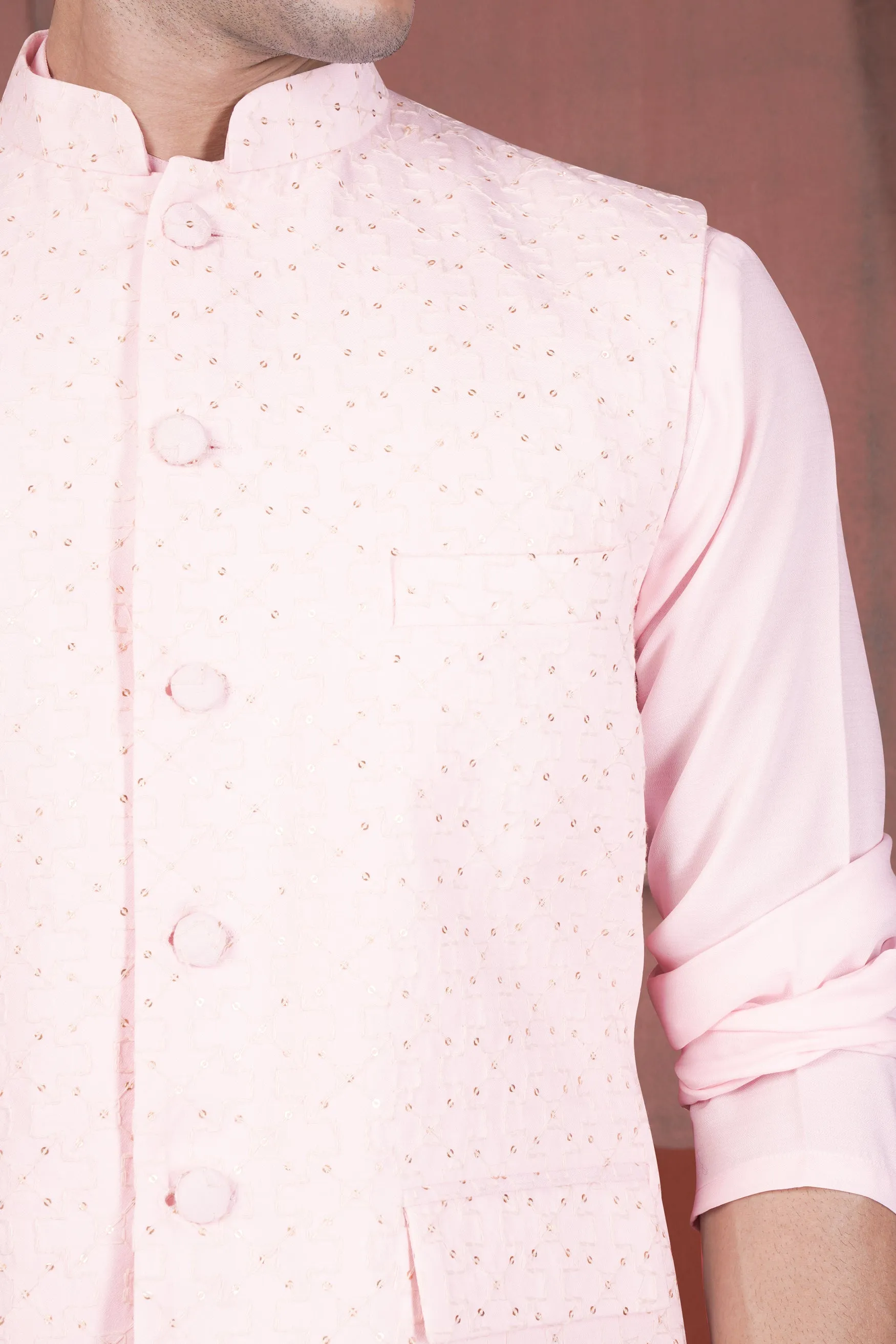 Blush Pink Viscose Embroidered With Tikki Work Designer Kurta With Nehru Jacket