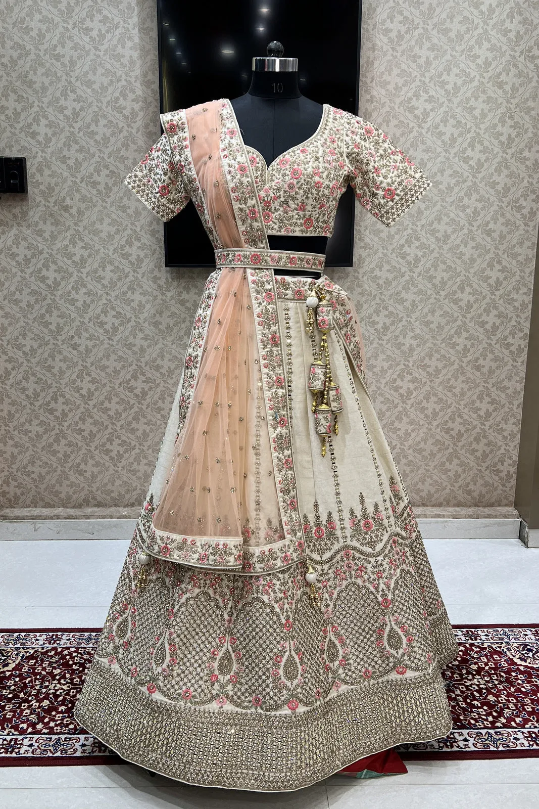 Cream Mirror, Stone, Zari and Embroidery work Crop Top Designer Bridal Lehenga