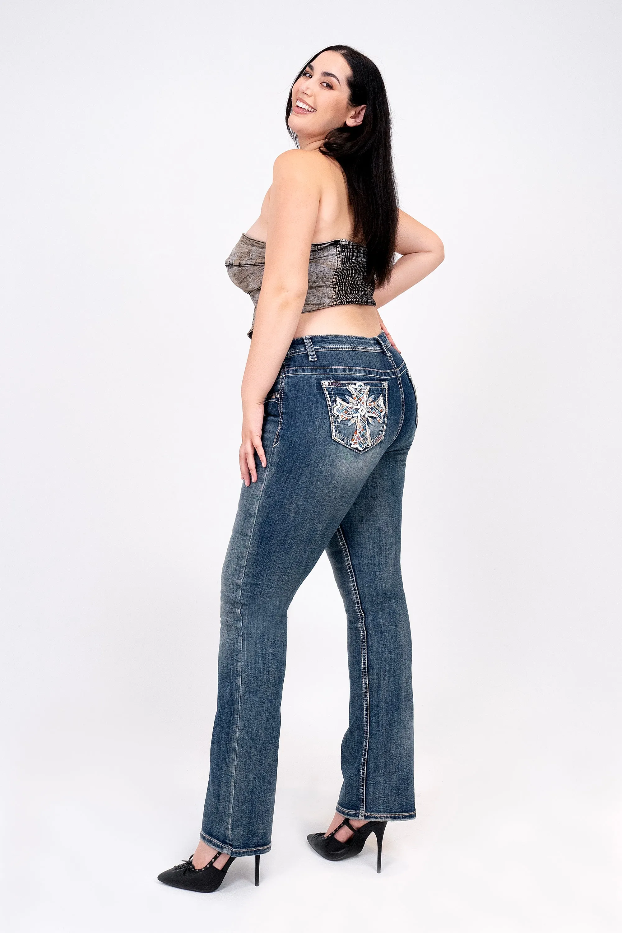 Cross Embellished Women's Plus Size Bootcut Jeans