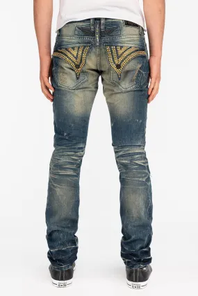 CROSSED OUT LONG FLAP MENS JEANS WITH CRYSTALS IN 4D DARK BROKEN