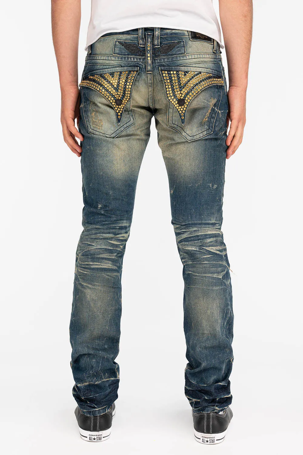 CROSSED OUT LONG FLAP MENS JEANS WITH CRYSTALS IN 4D DARK BROKEN