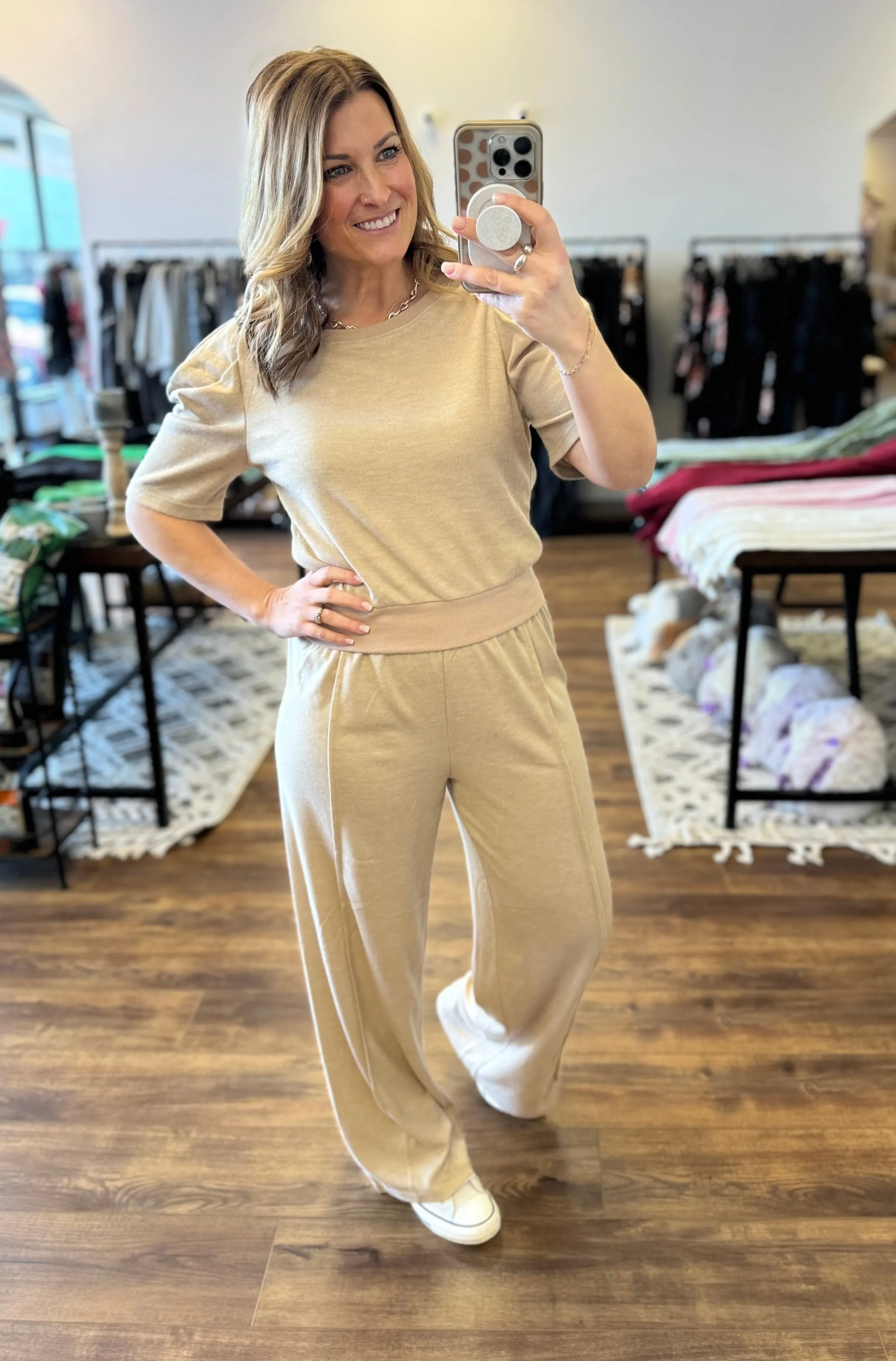 Dee - Knit Puff-Sleeved Top & Wide Pants Set - Oatmeal