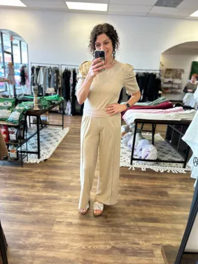 Dee - Knit Puff-Sleeved Top & Wide Pants Set - Oatmeal