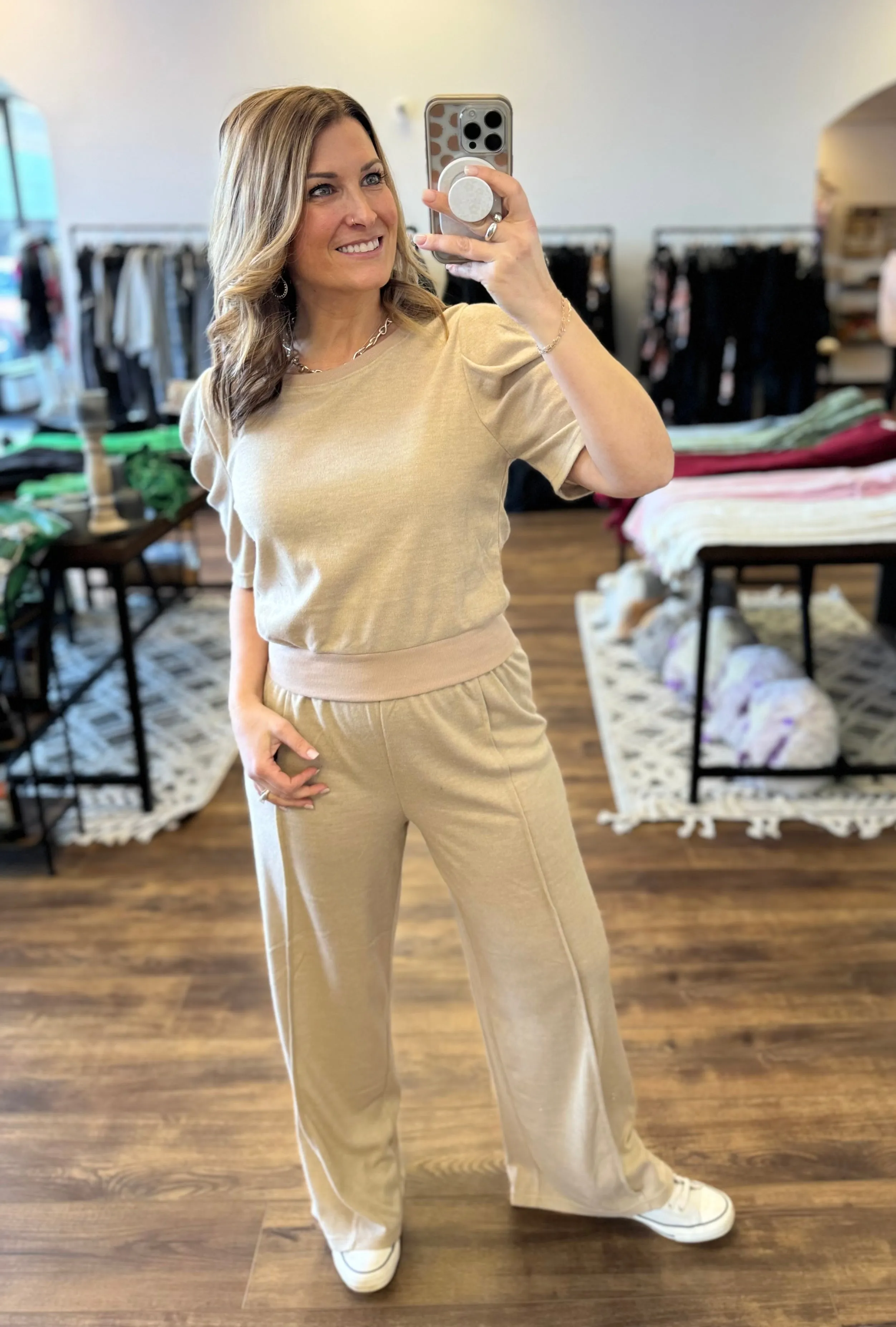 Dee - Knit Puff-Sleeved Top & Wide Pants Set - Oatmeal