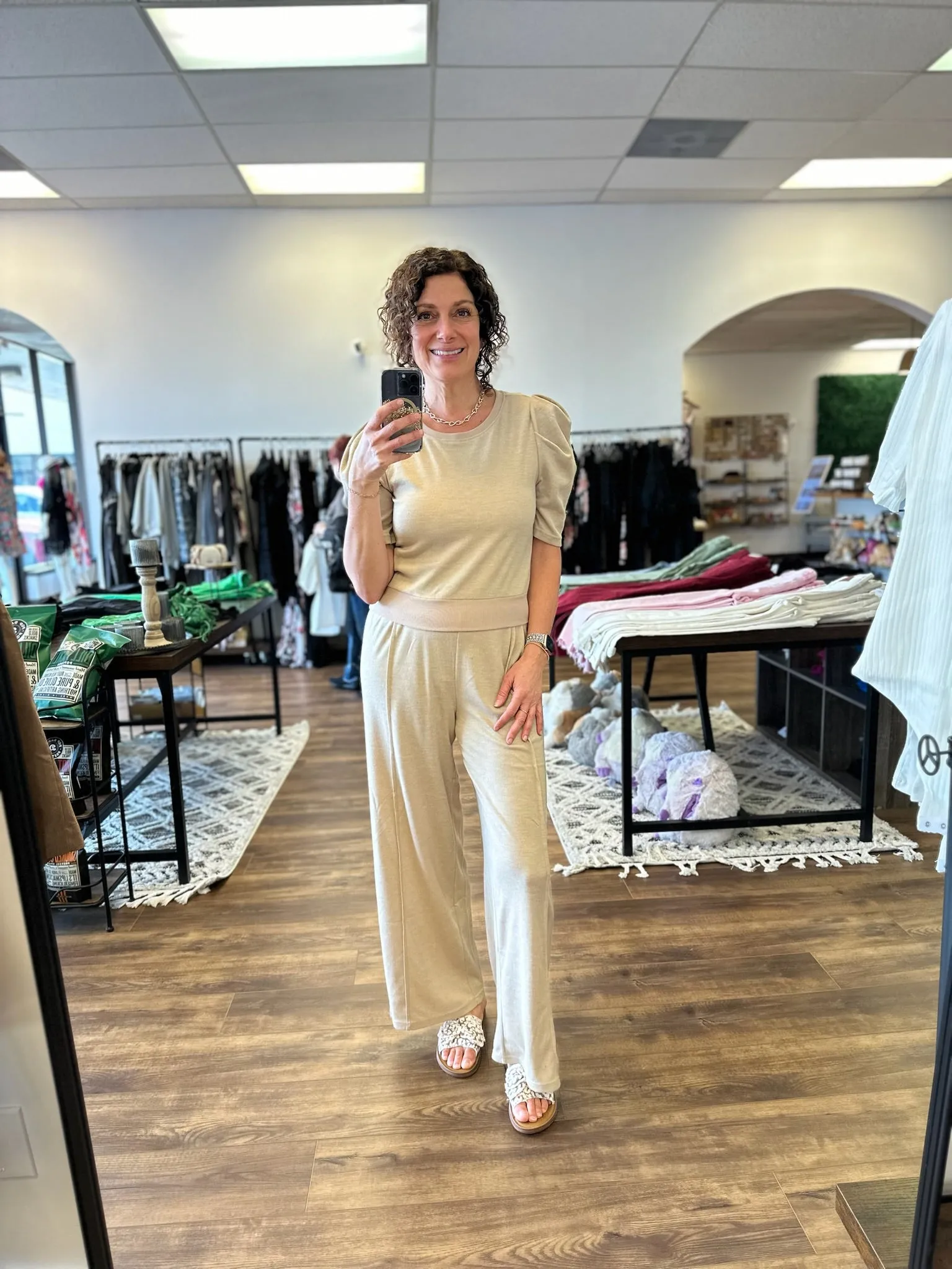 Dee - Knit Puff-Sleeved Top & Wide Pants Set - Oatmeal