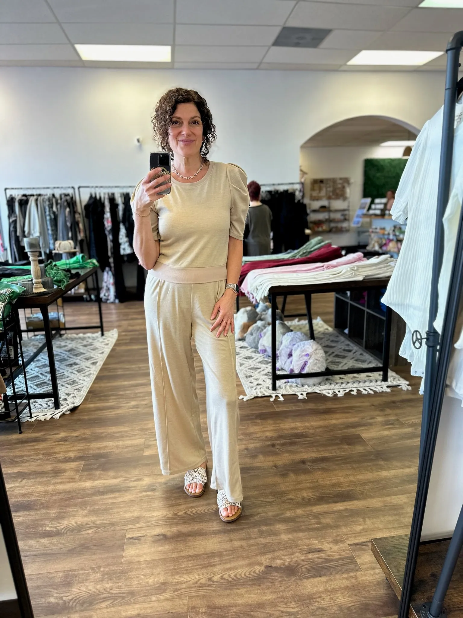 Dee - Knit Puff-Sleeved Top & Wide Pants Set - Oatmeal
