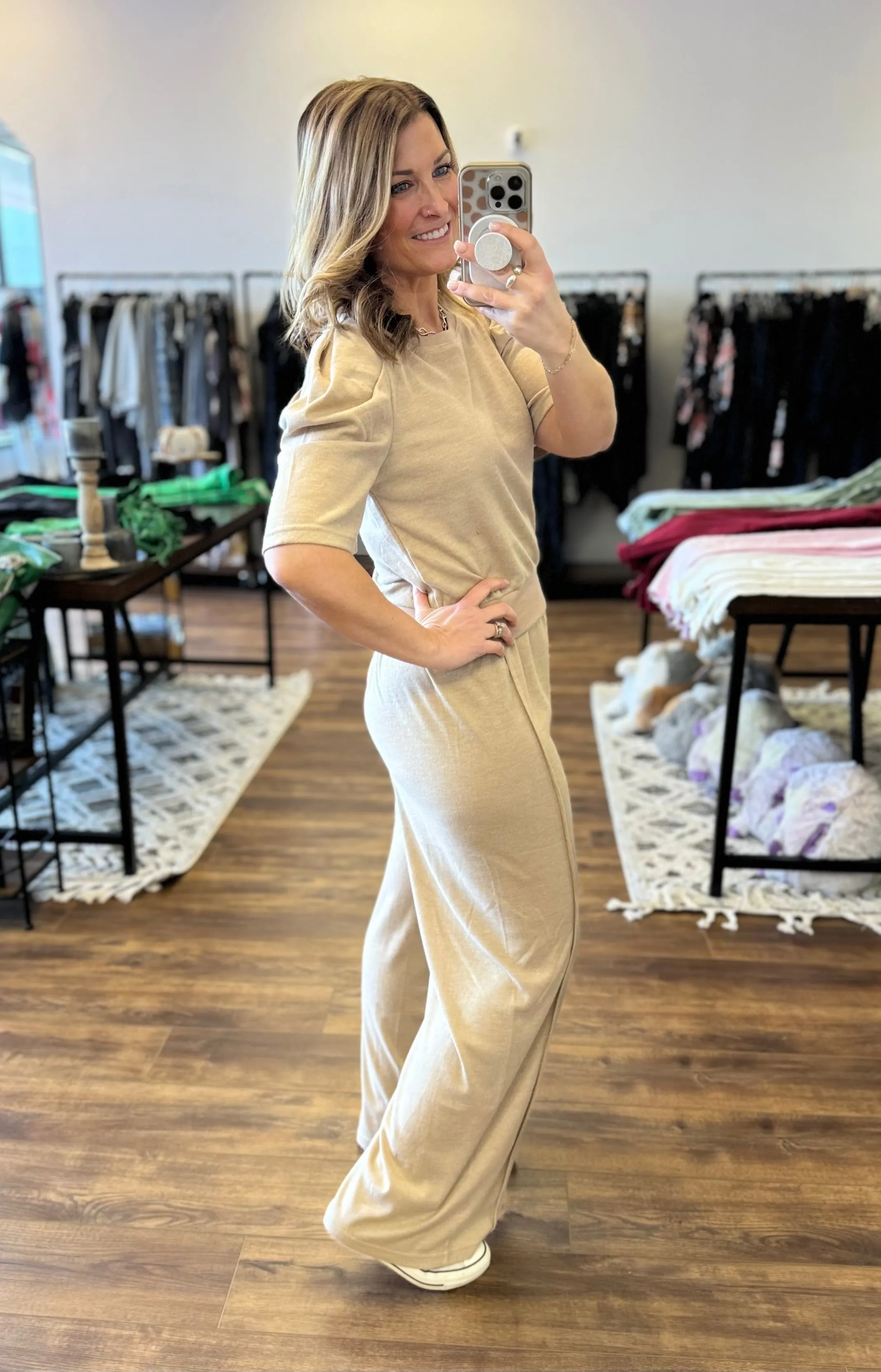 Dee - Knit Puff-Sleeved Top & Wide Pants Set - Oatmeal