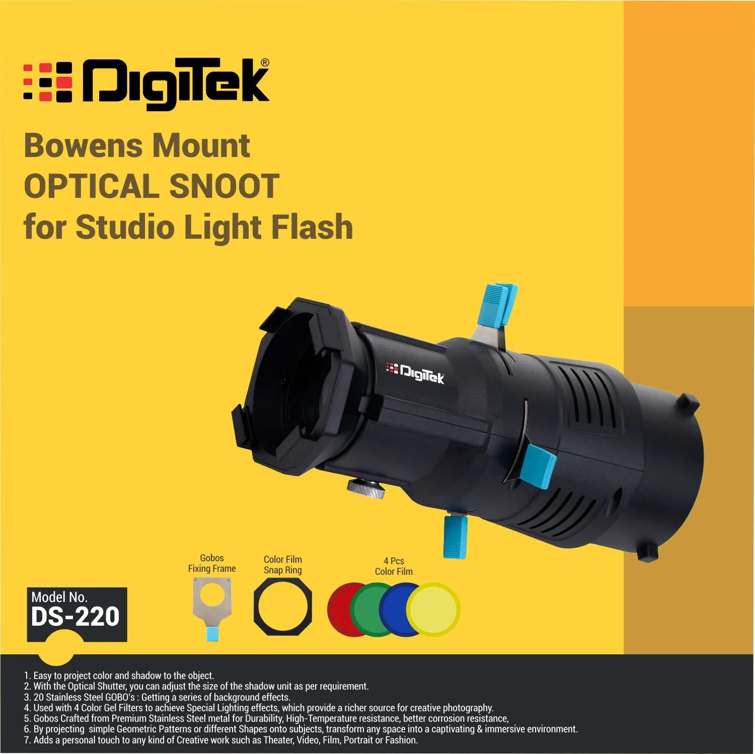 Digitek (DS 220) Bowens Mount Optical Snoot Kit with 20 Stainless Steel GOBOs & 4X Color Gels (Red/Yellow/Green/Blue), Multifunction Focus Ring, Premium Metal Construction
