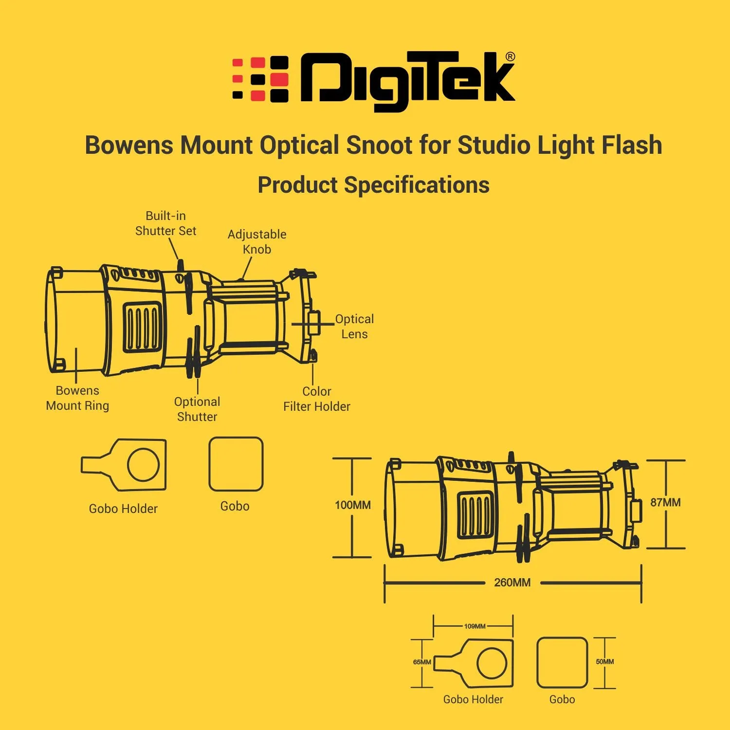 Digitek (DS 220) Bowens Mount Optical Snoot Kit with 20 Stainless Steel GOBOs & 4X Color Gels (Red/Yellow/Green/Blue), Multifunction Focus Ring, Premium Metal Construction