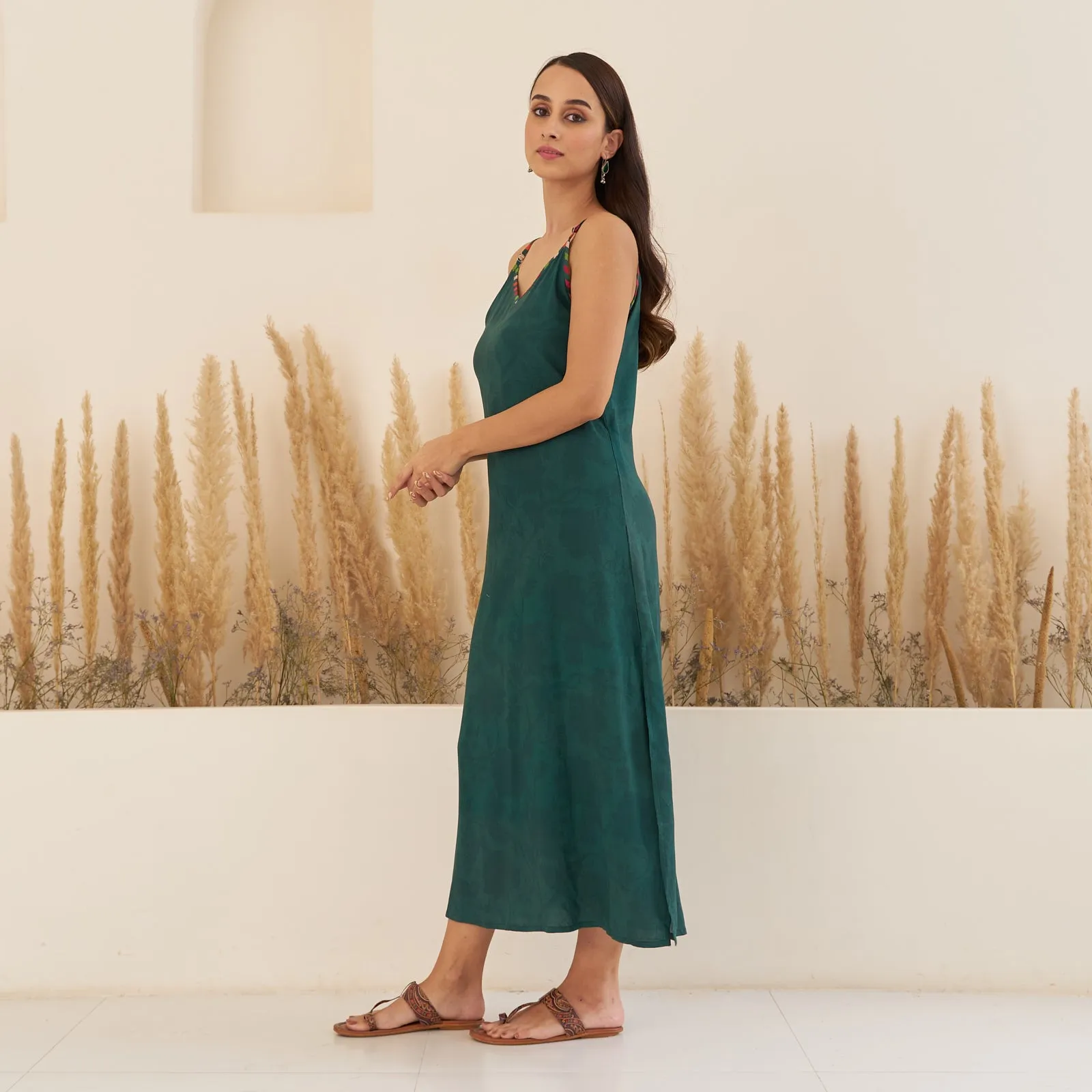 Emerald Green Spaghetti Drees with Long Floral Shrug