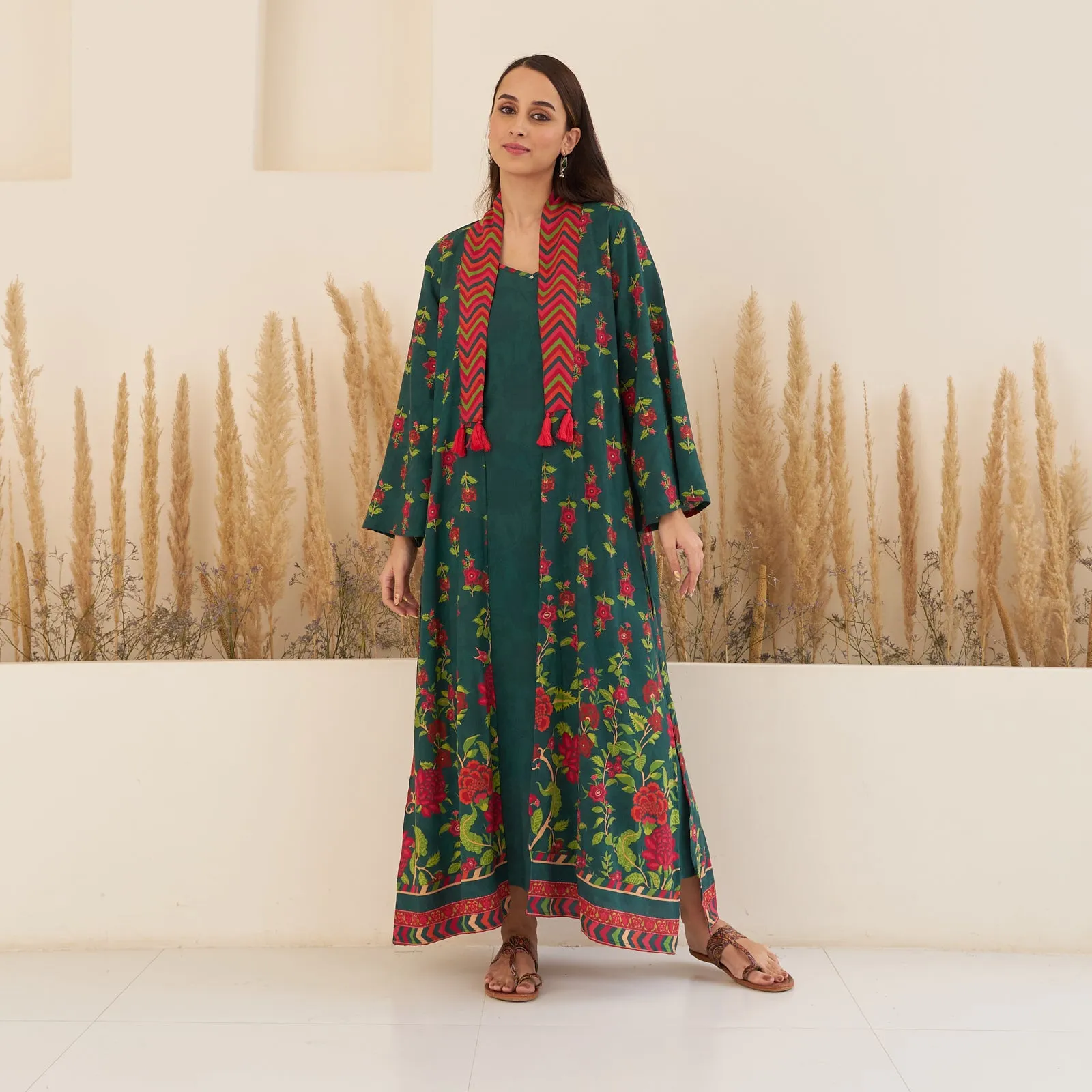 Emerald Green Spaghetti Drees with Long Floral Shrug