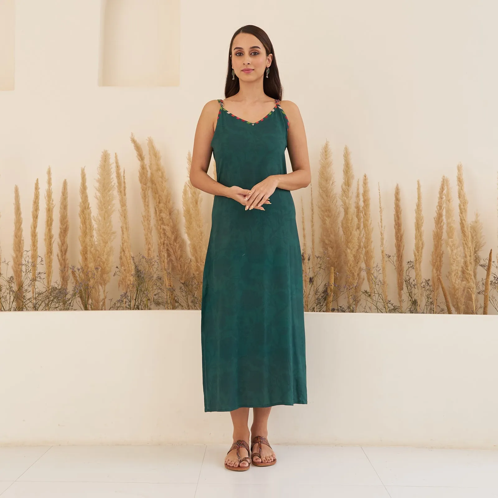 Emerald Green Spaghetti Drees with Long Floral Shrug
