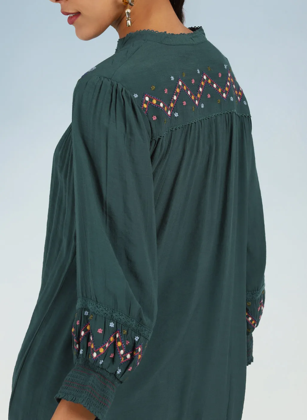 Green A line Rayon Tunic with Embroidery and Smocking effect Puffed Sleeve