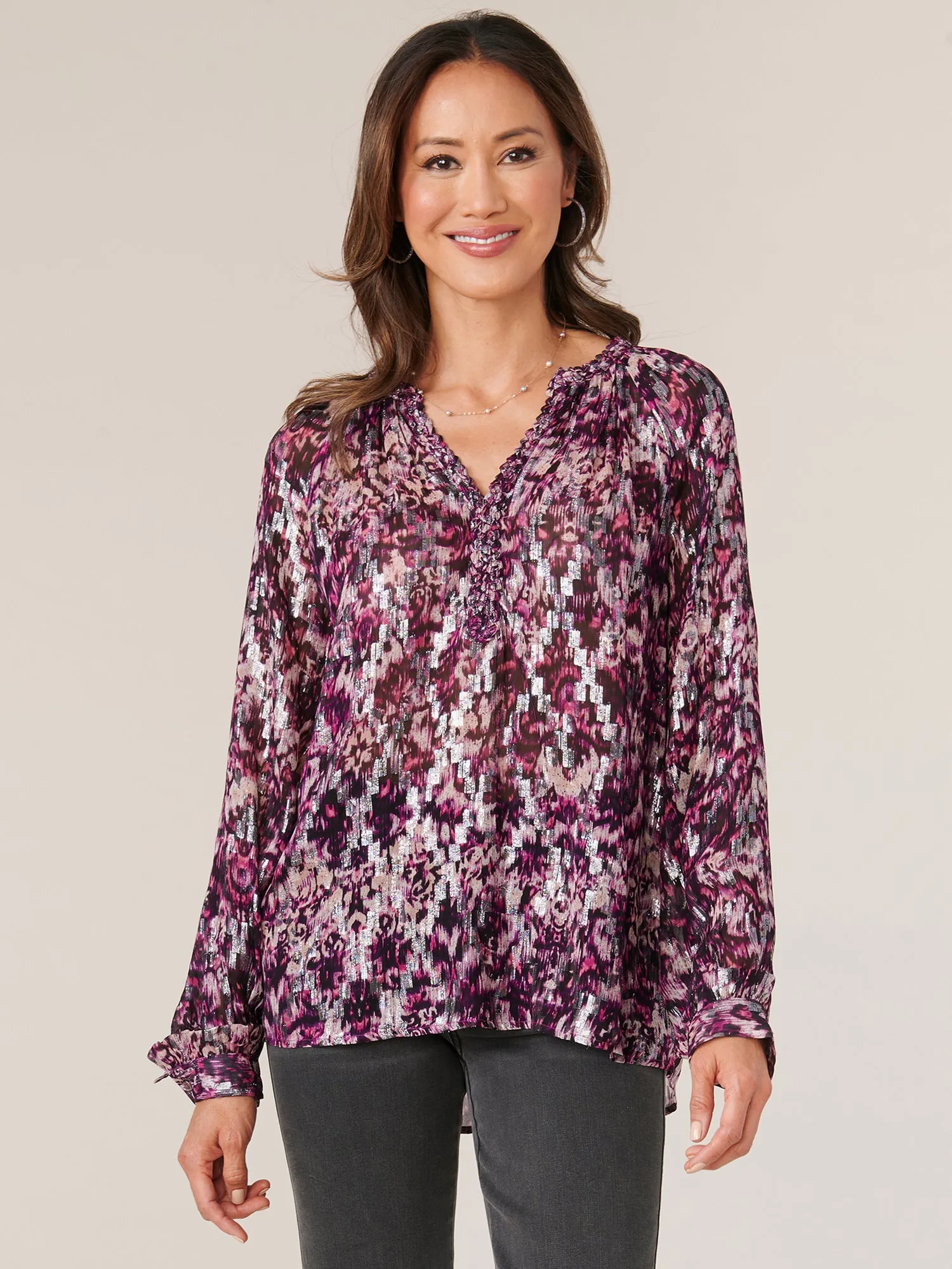 Long Ruffle Edge Sleeve Braided V-Notch Neck Jacquard Print Woven Top