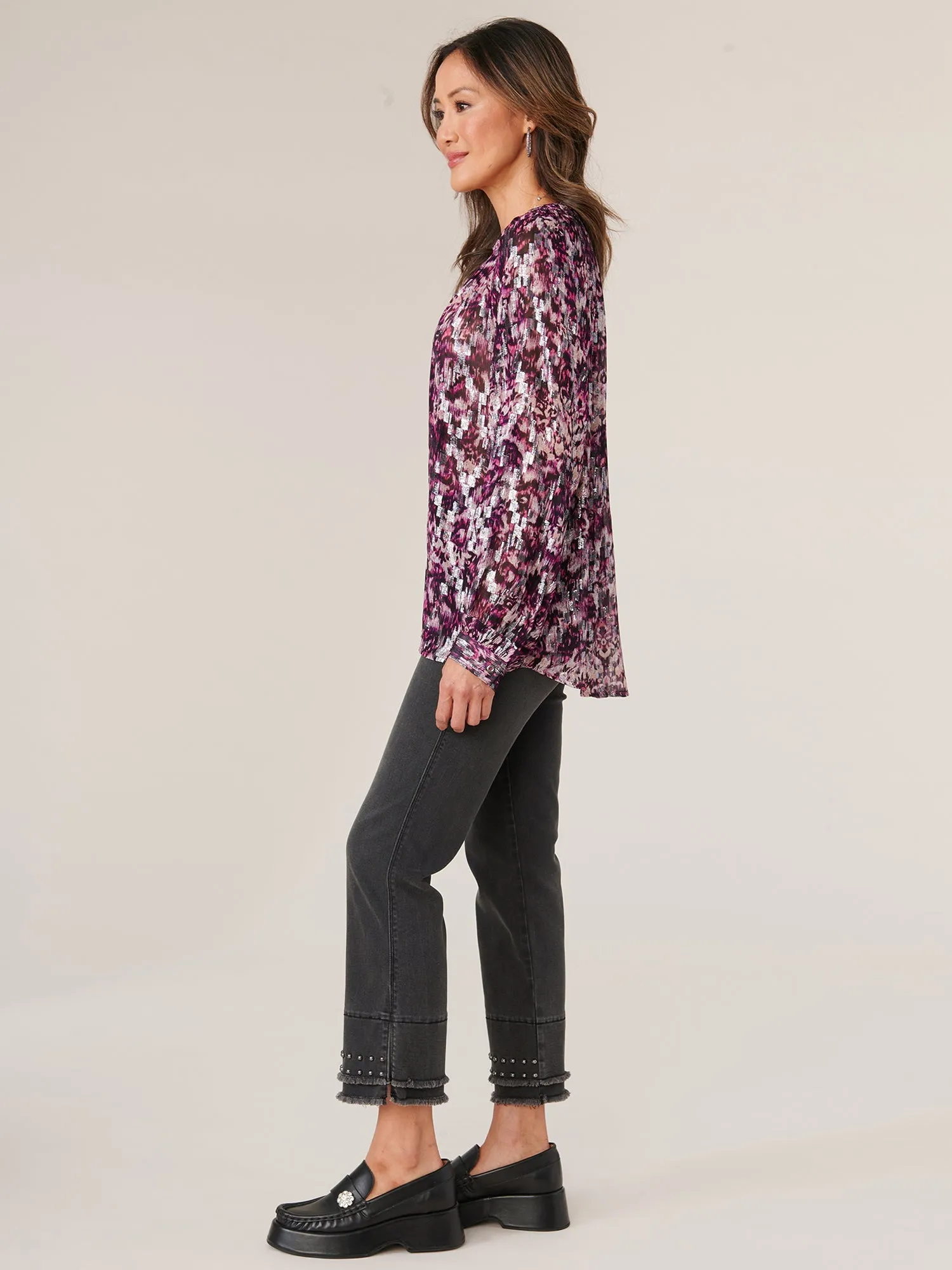 Long Ruffle Edge Sleeve Braided V-Notch Neck Jacquard Print Woven Top