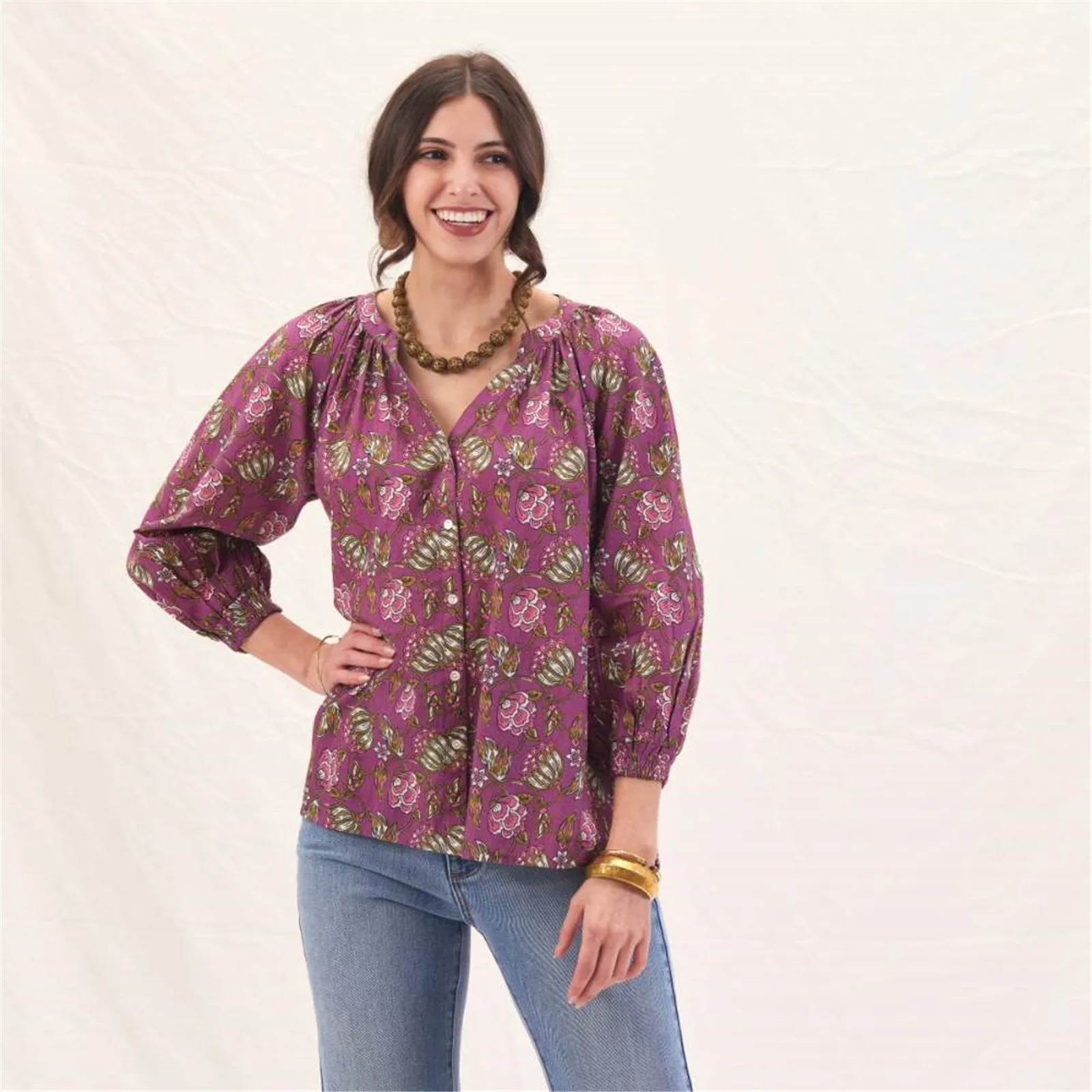 Margo Plum Gathered Sleeve Blouse