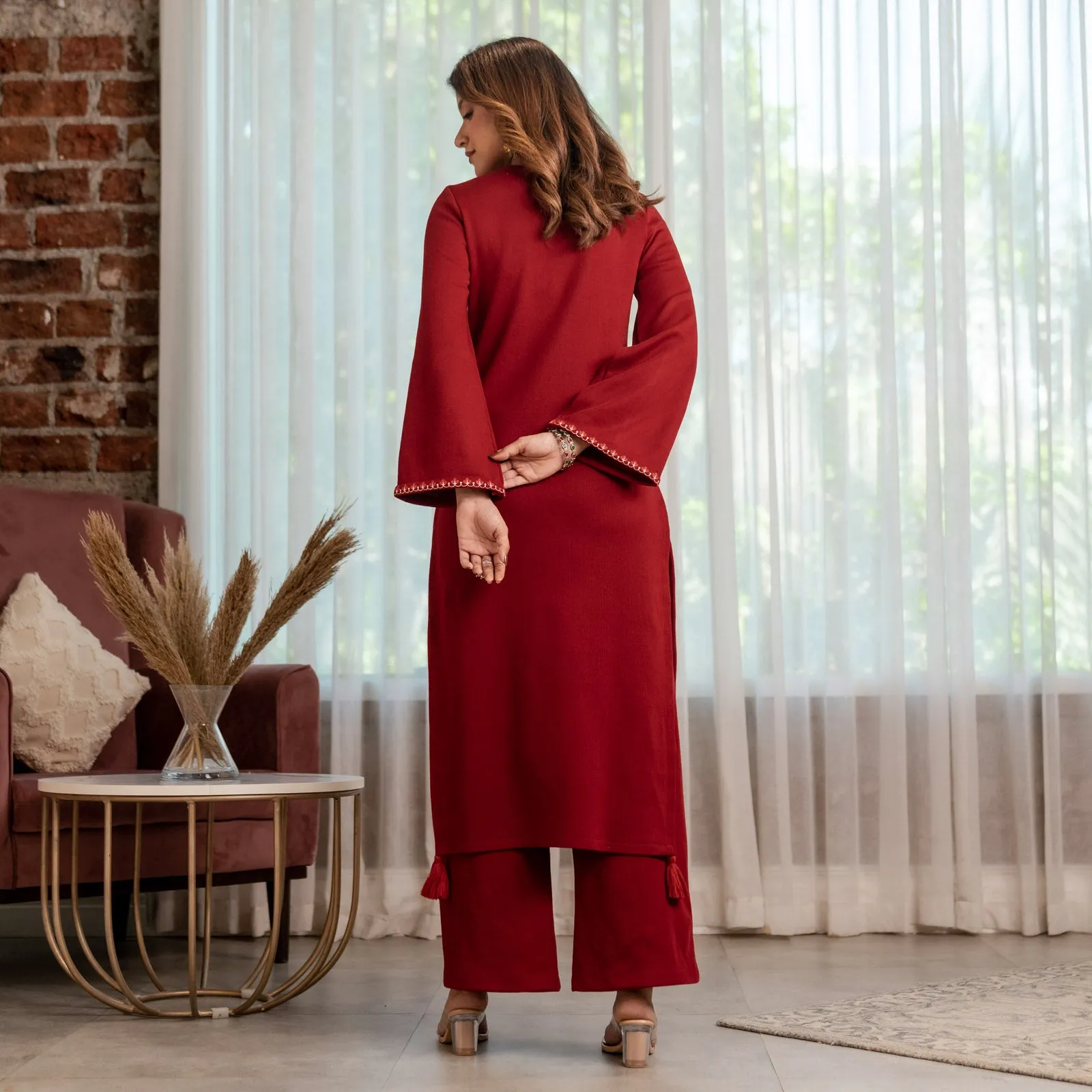 Maroon Acrylic High Slit Kurta with Tassel Detailing
