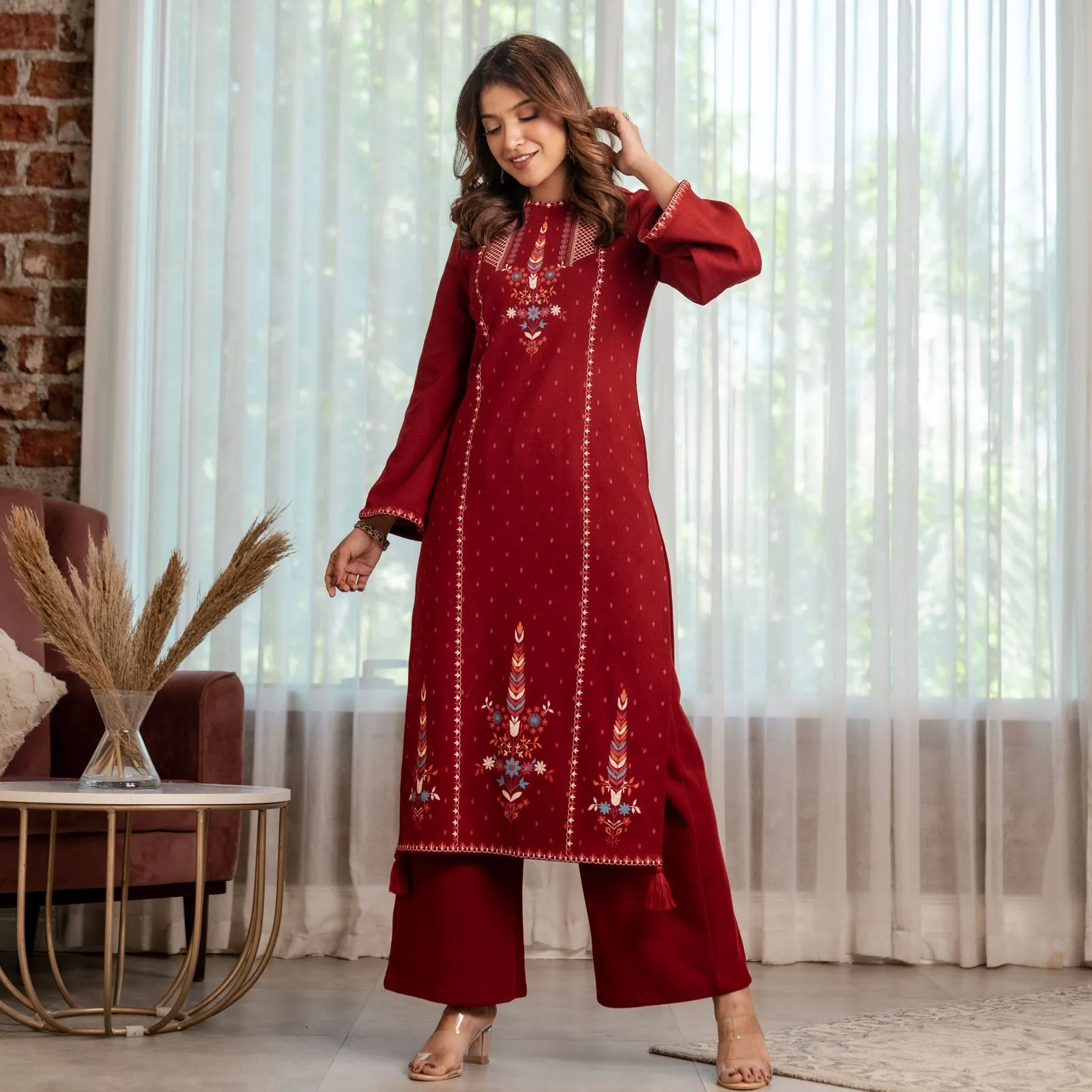 Maroon Acrylic High Slit Kurta with Tassel Detailing
