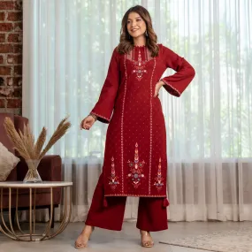 Maroon Acrylic High Slit Kurta with Tassel Detailing