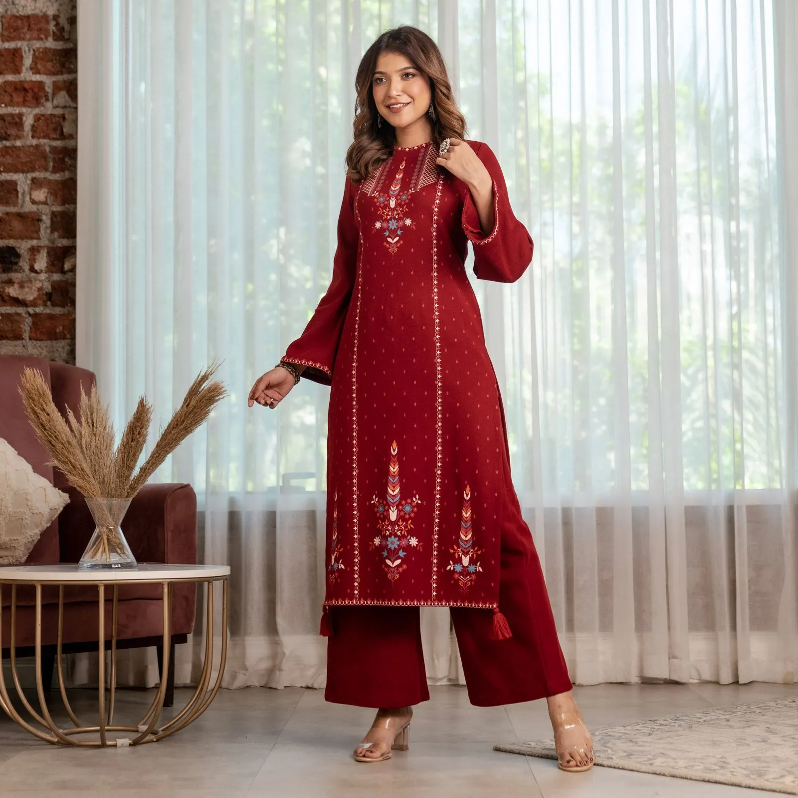 Maroon Acrylic High Slit Kurta with Tassel Detailing