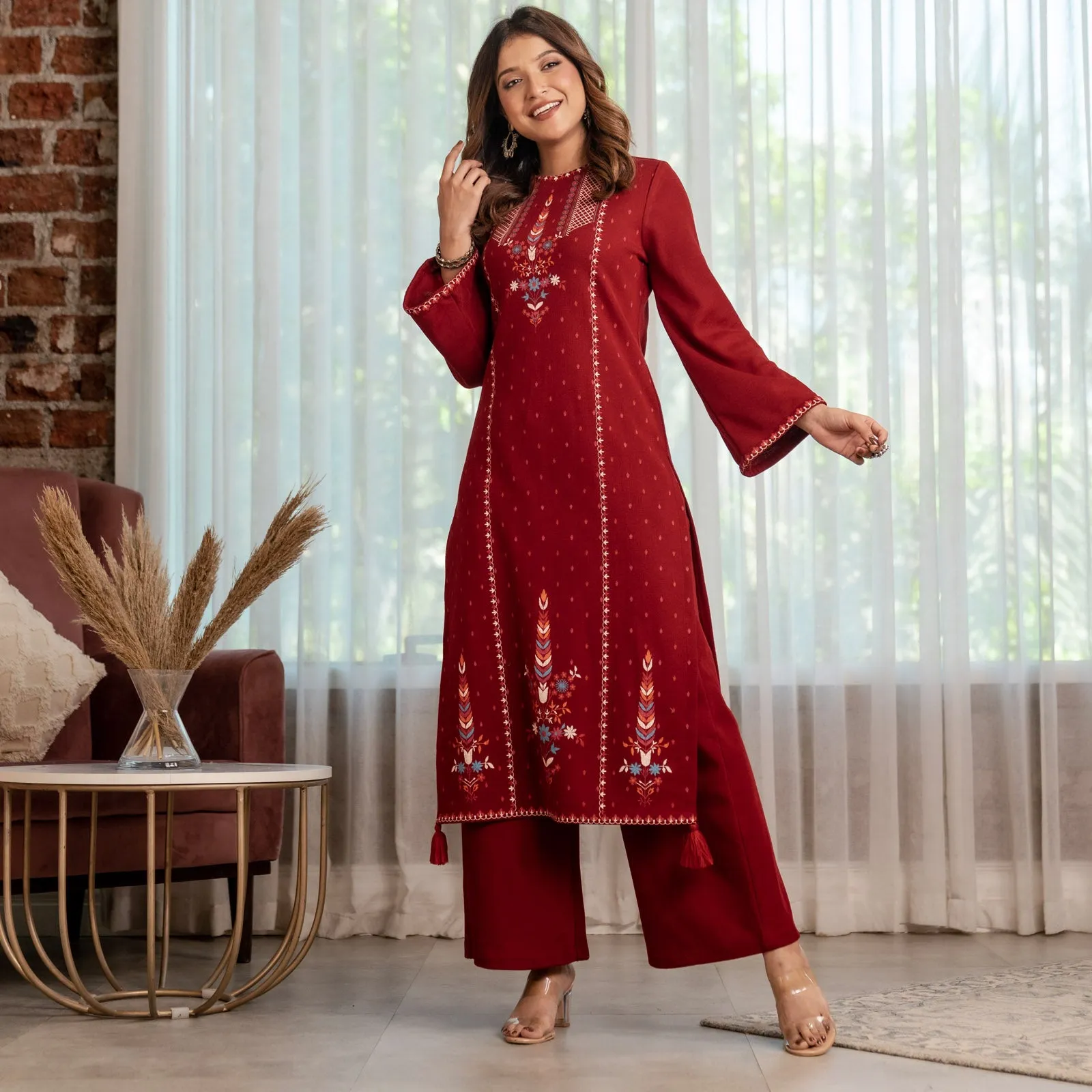 Maroon Acrylic High Slit Kurta with Tassel Detailing