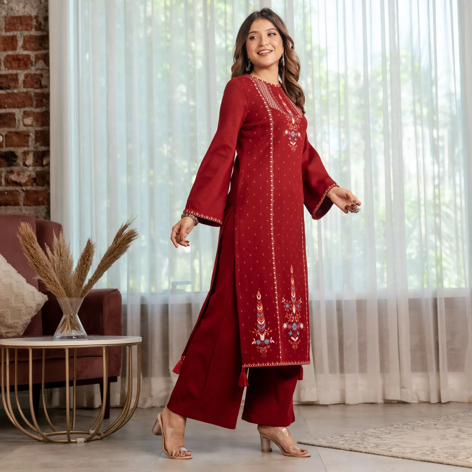 Maroon Acrylic High Slit Kurta with Tassel Detailing