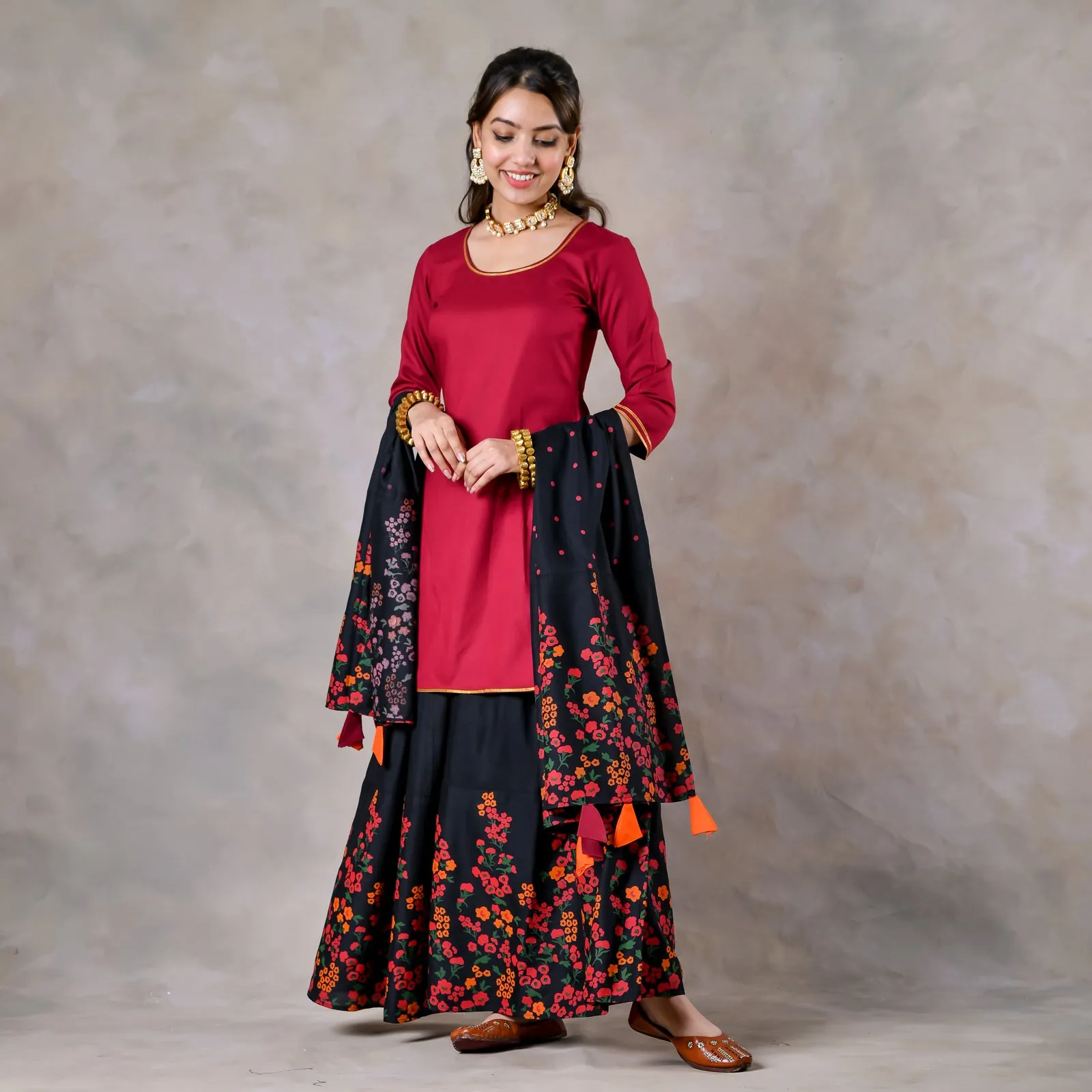 Maroon Black Palazzo Set for Women with Dupatta
