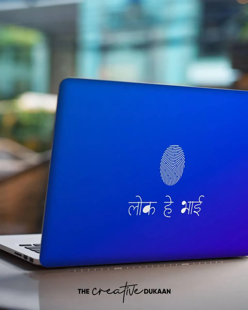 Matt Finish Blue Colour Laptop Skin With The Text Lock Hai Bhai