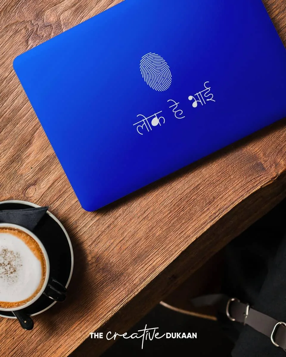 Matt Finish Blue Colour Laptop Skin With The Text Lock Hai Bhai