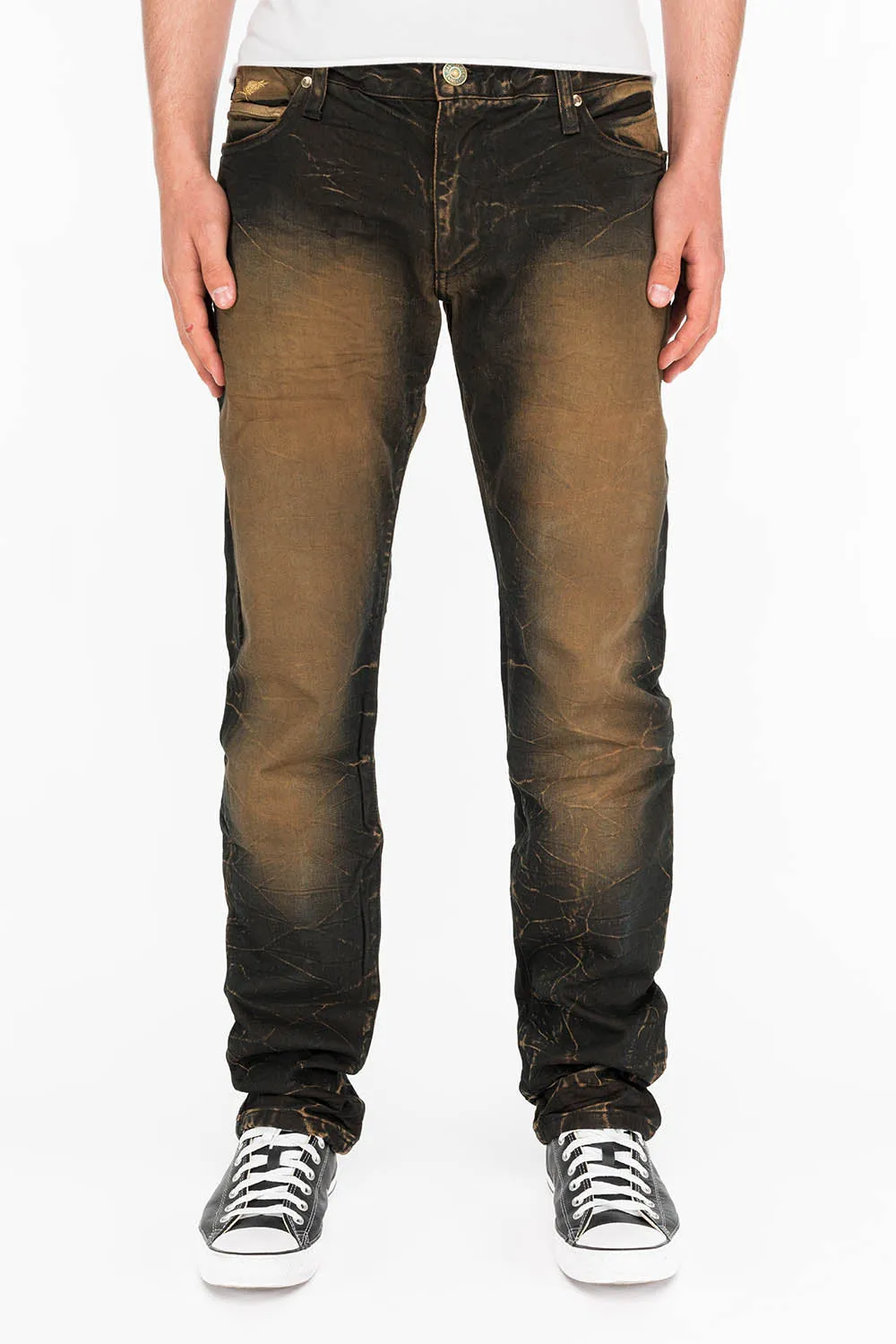 MENS LONG FLAP POCKET SKINNY JEANS IN 4D DARK OXIDO