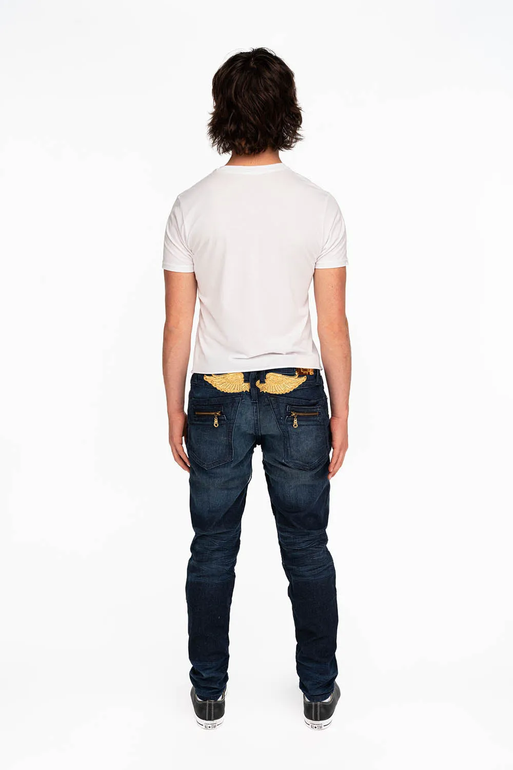 MENS NEW BIKER SKINNY JEANS IN LIBERTY DARK BLUE WITH GOLD WINGS