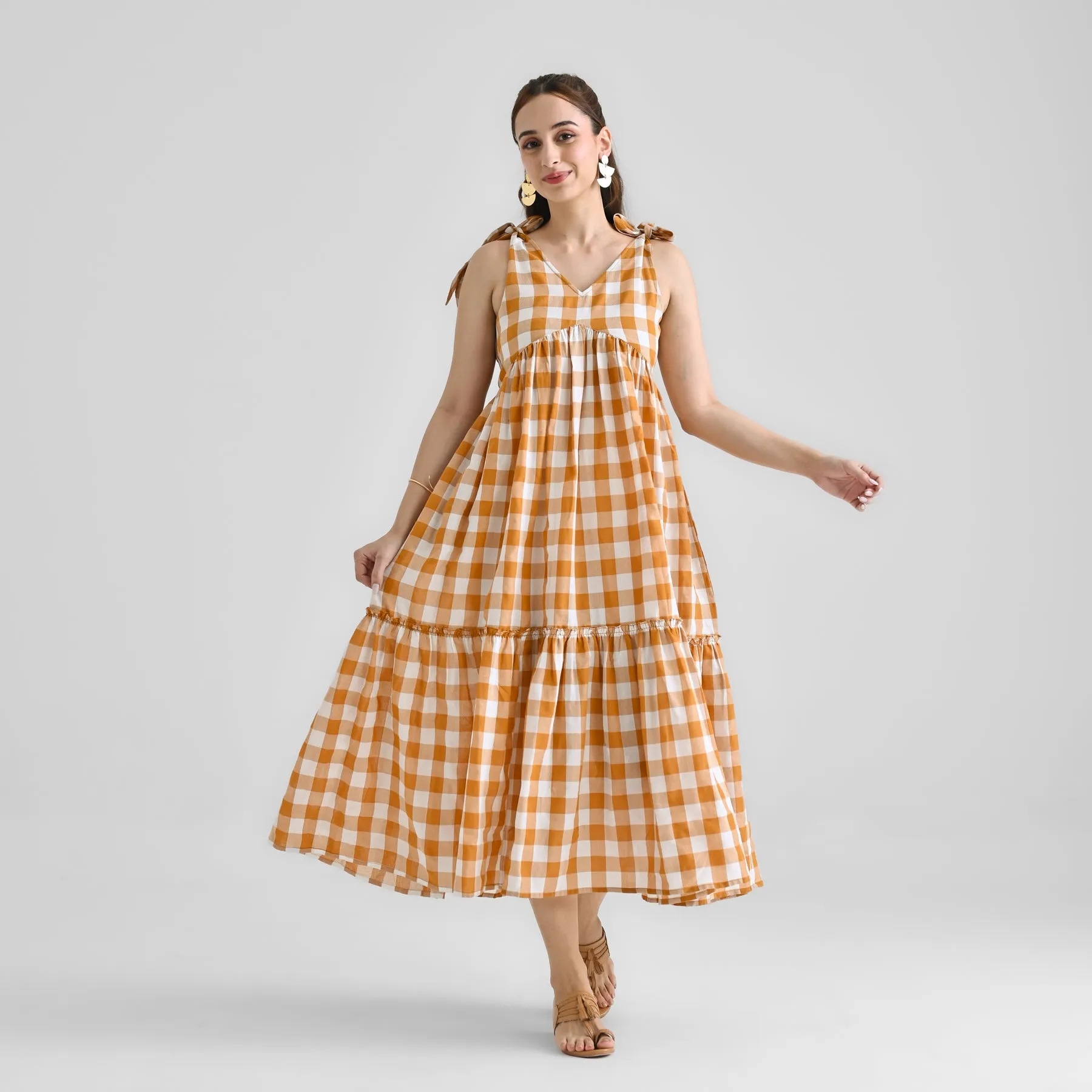 Mustard Woven Tiered Cotton Dress with Shoulder Tie-up Detail