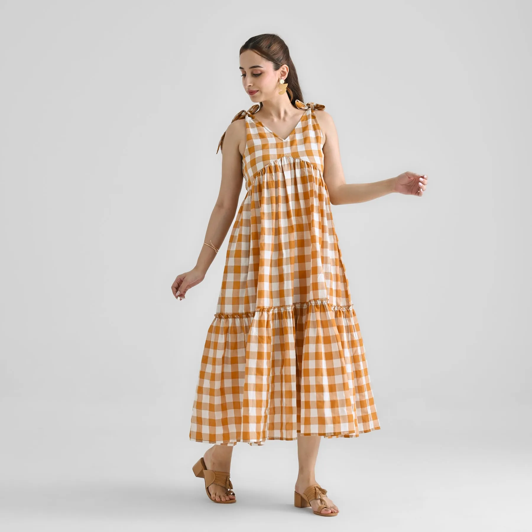 Mustard Woven Tiered Cotton Dress with Shoulder Tie-up Detail