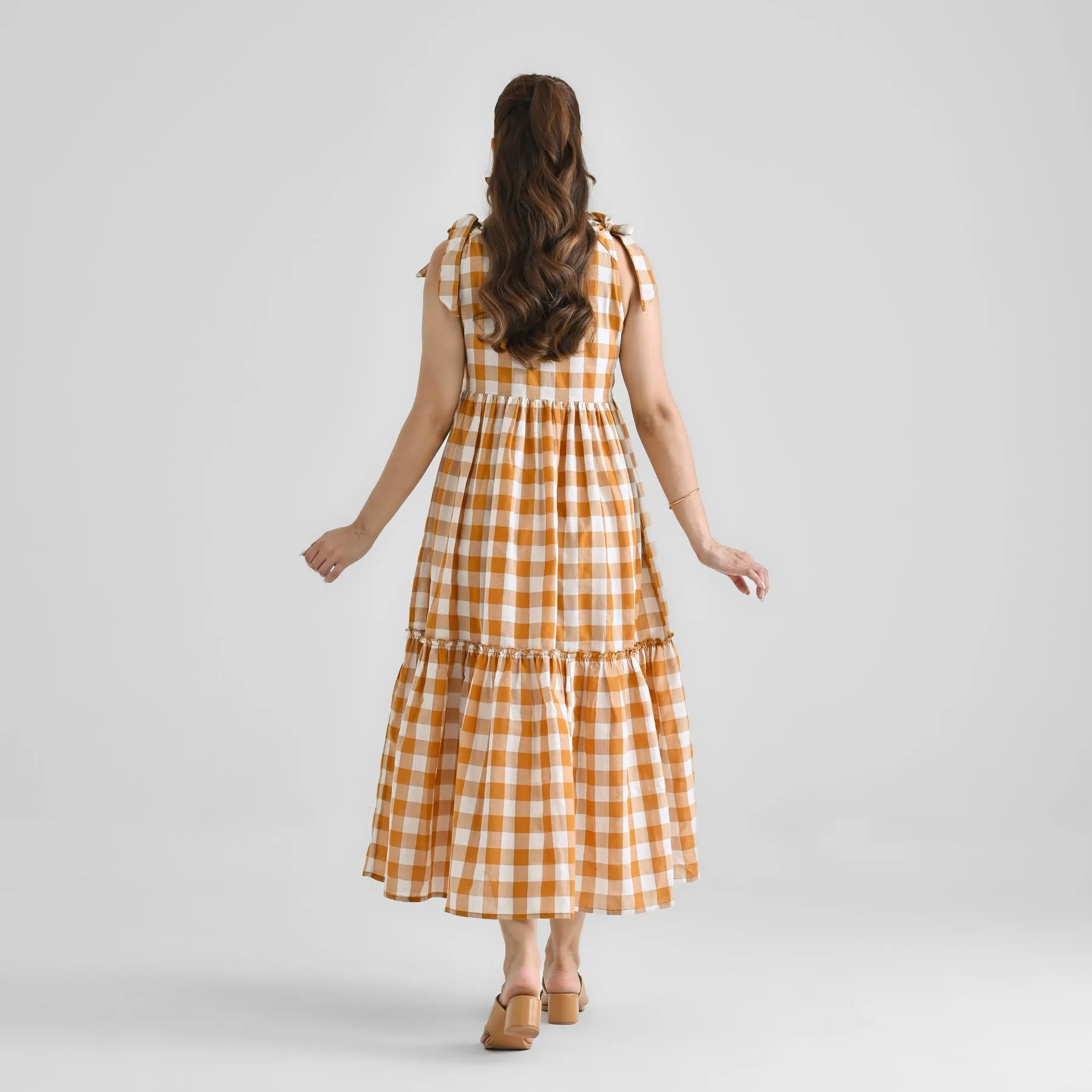 Mustard Woven Tiered Cotton Dress with Shoulder Tie-up Detail